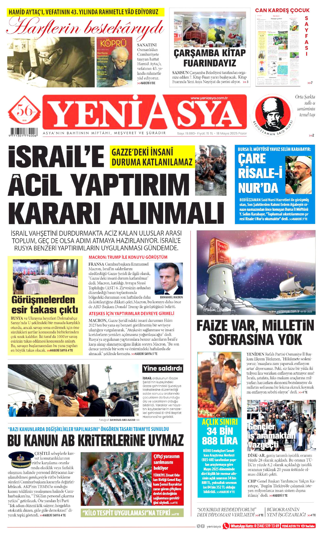 YENİ ASYA gazetesinin 18 Mayıs 2025 tarihli birinci sayfası