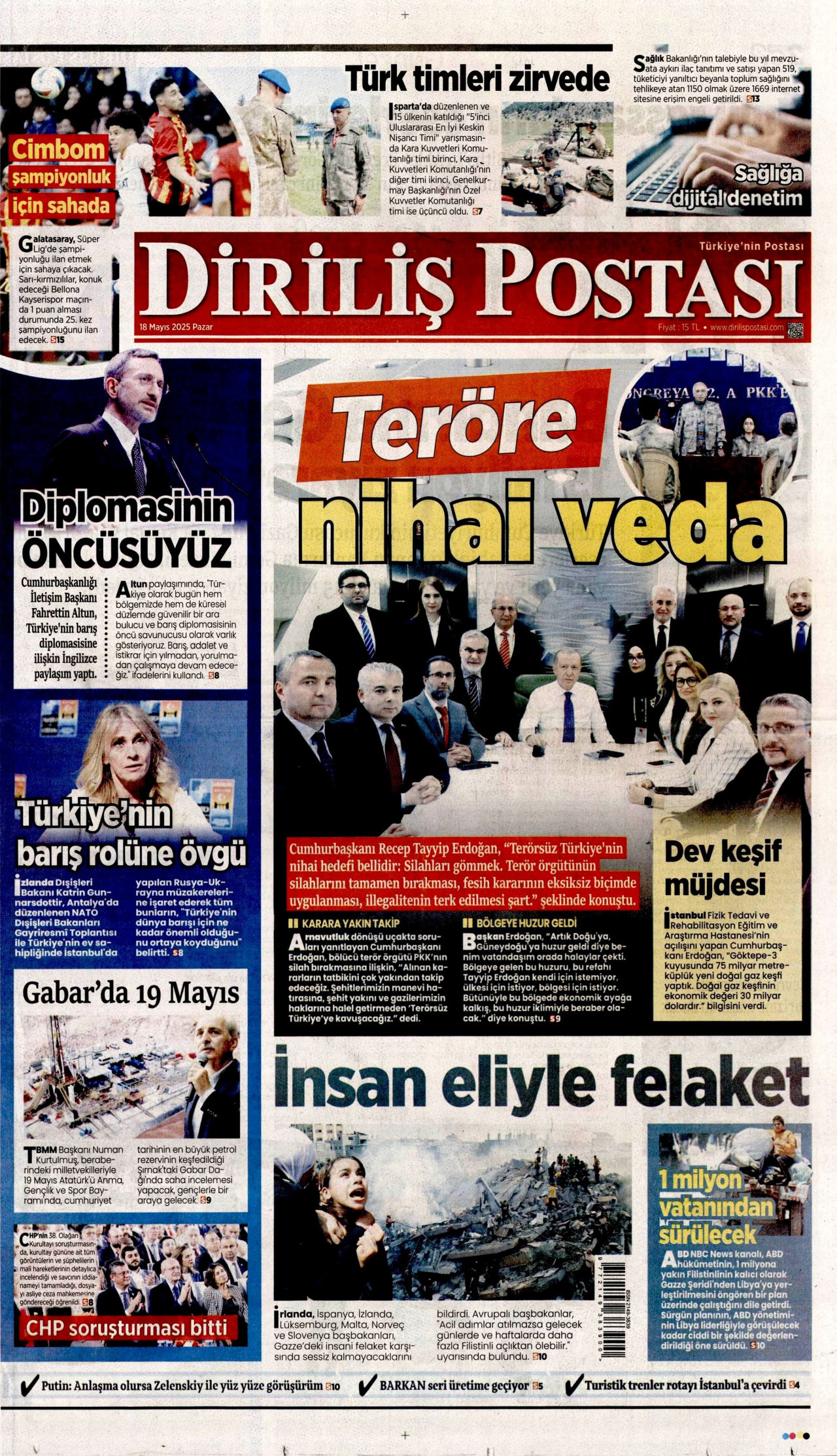 DİRİLİŞ POSTASI gazetesinin 18 Mayıs 2025 tarihli birinci sayfası