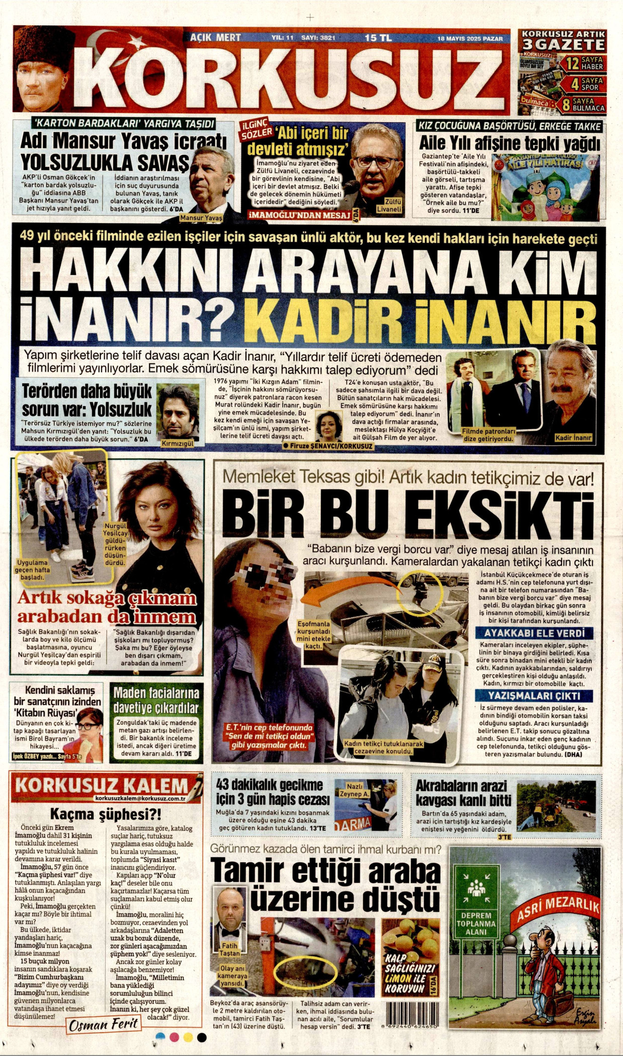 KORKUSUZ gazetesinin 18 Mayıs 2025 tarihli birinci sayfası