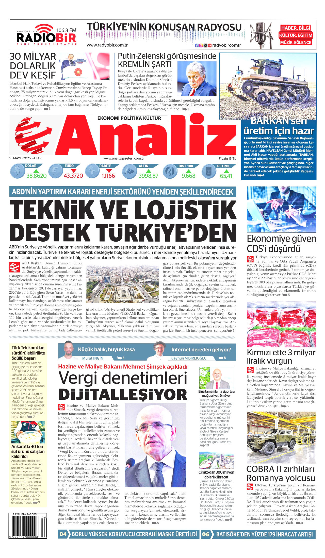 ANALİZ gazetesinin 18 Mayıs 2025 tarihli birinci sayfası
