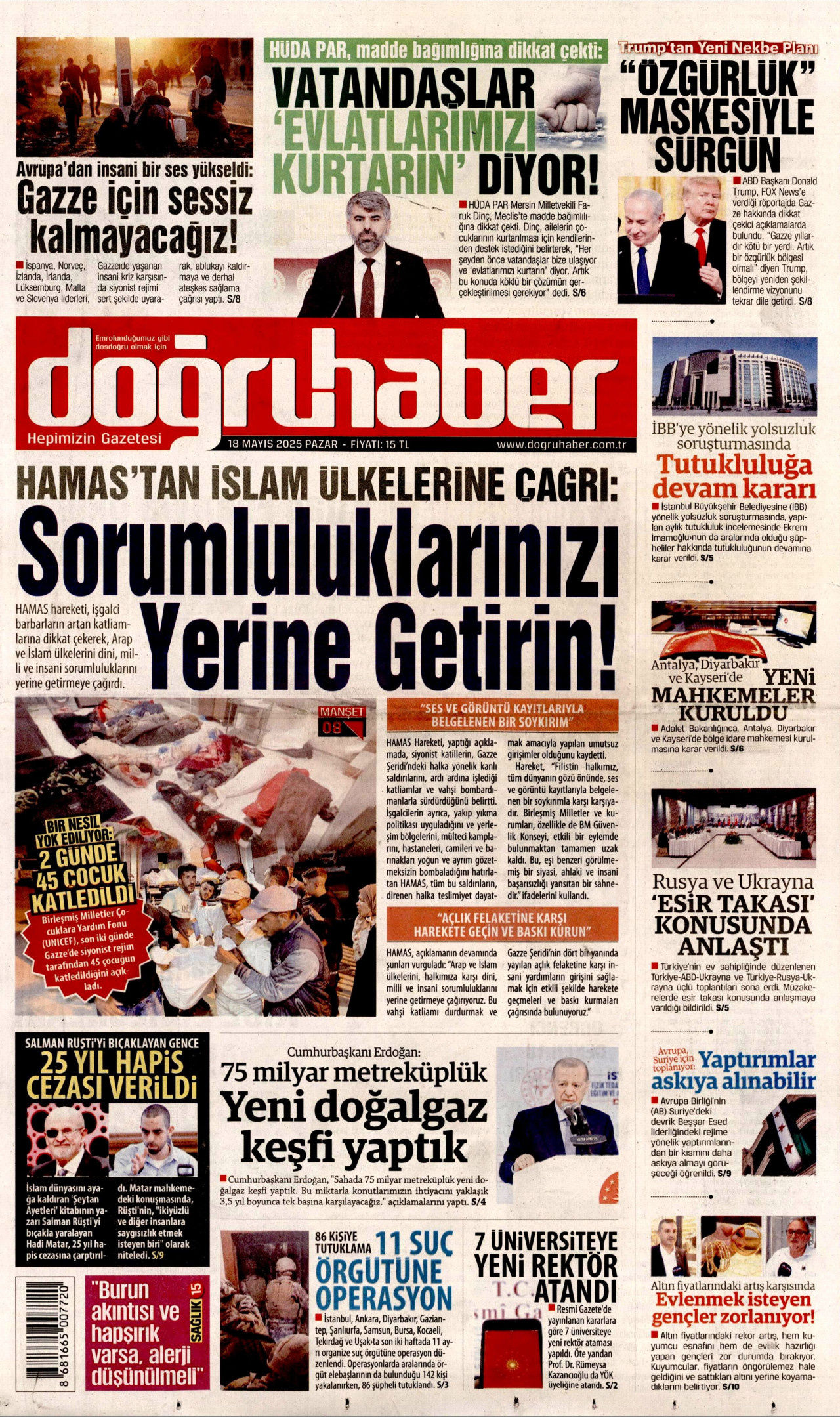 DOĞRU HABER gazetesinin 18 Mayıs 2025 tarihli birinci sayfası