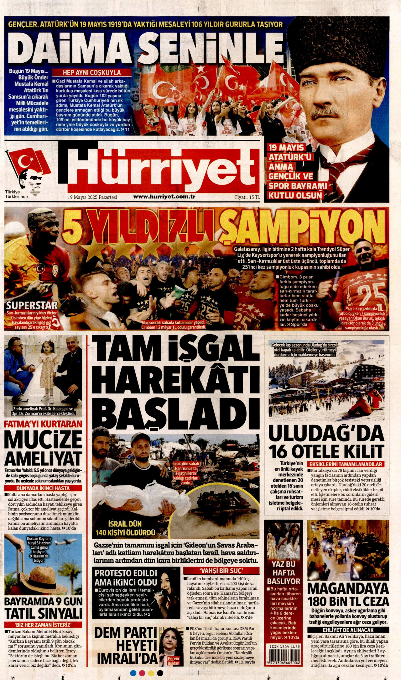HÜRRİYET gazetesinin 19 Mayıs 2025 tarihli birinci sayfası