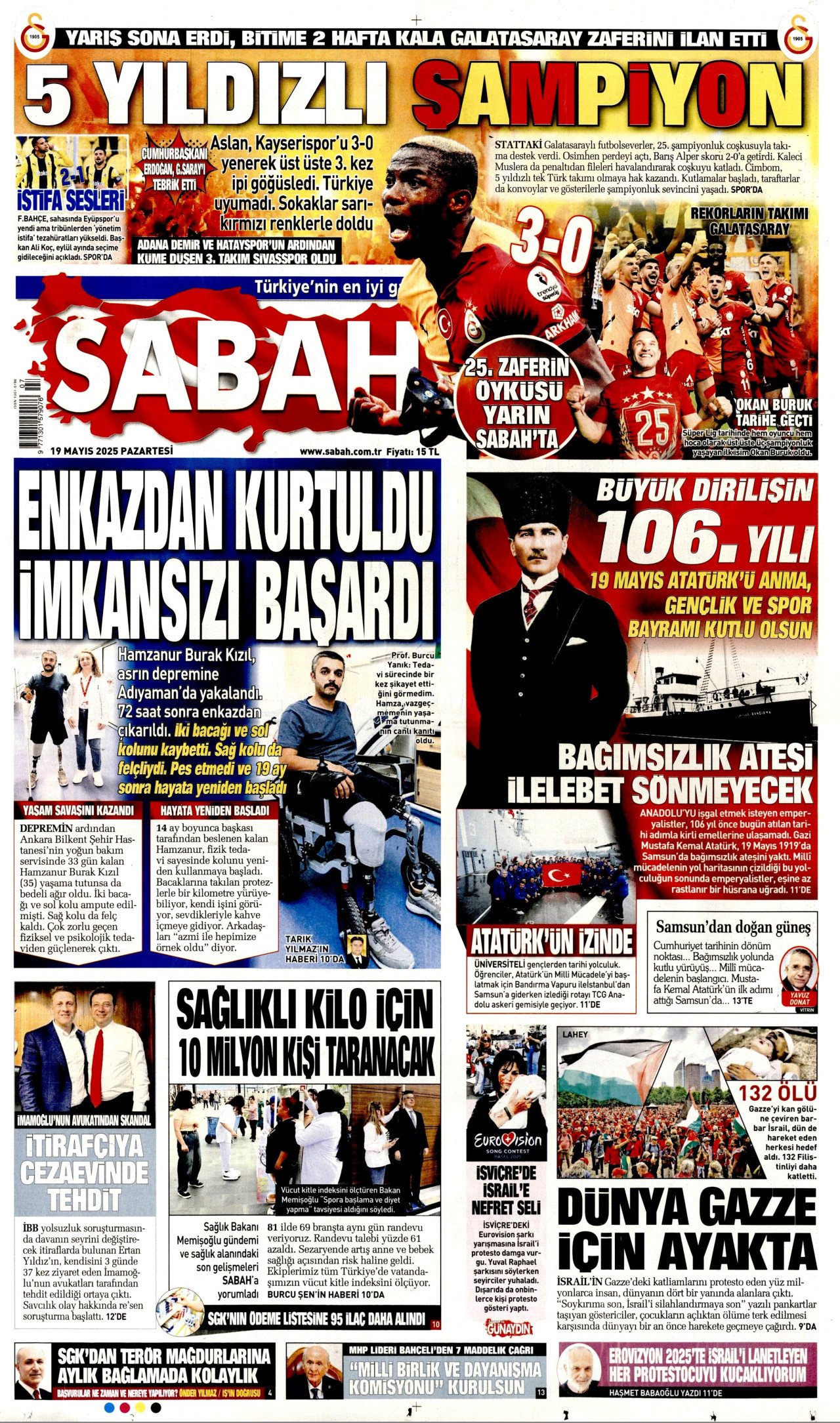 SABAH gazetesinin 19 Mayıs 2025 tarihli birinci sayfası