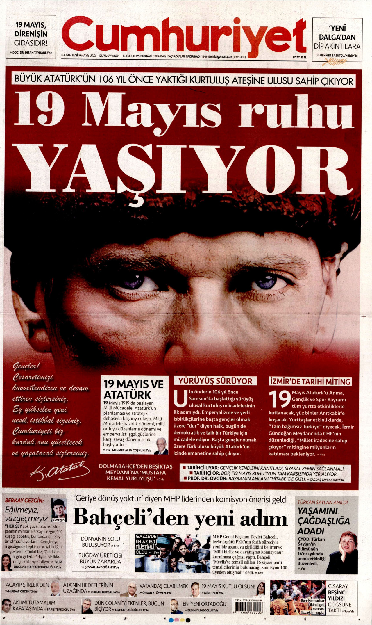 CUMHURİYET gazetesinin 19 Mayıs 2025 tarihli birinci sayfası