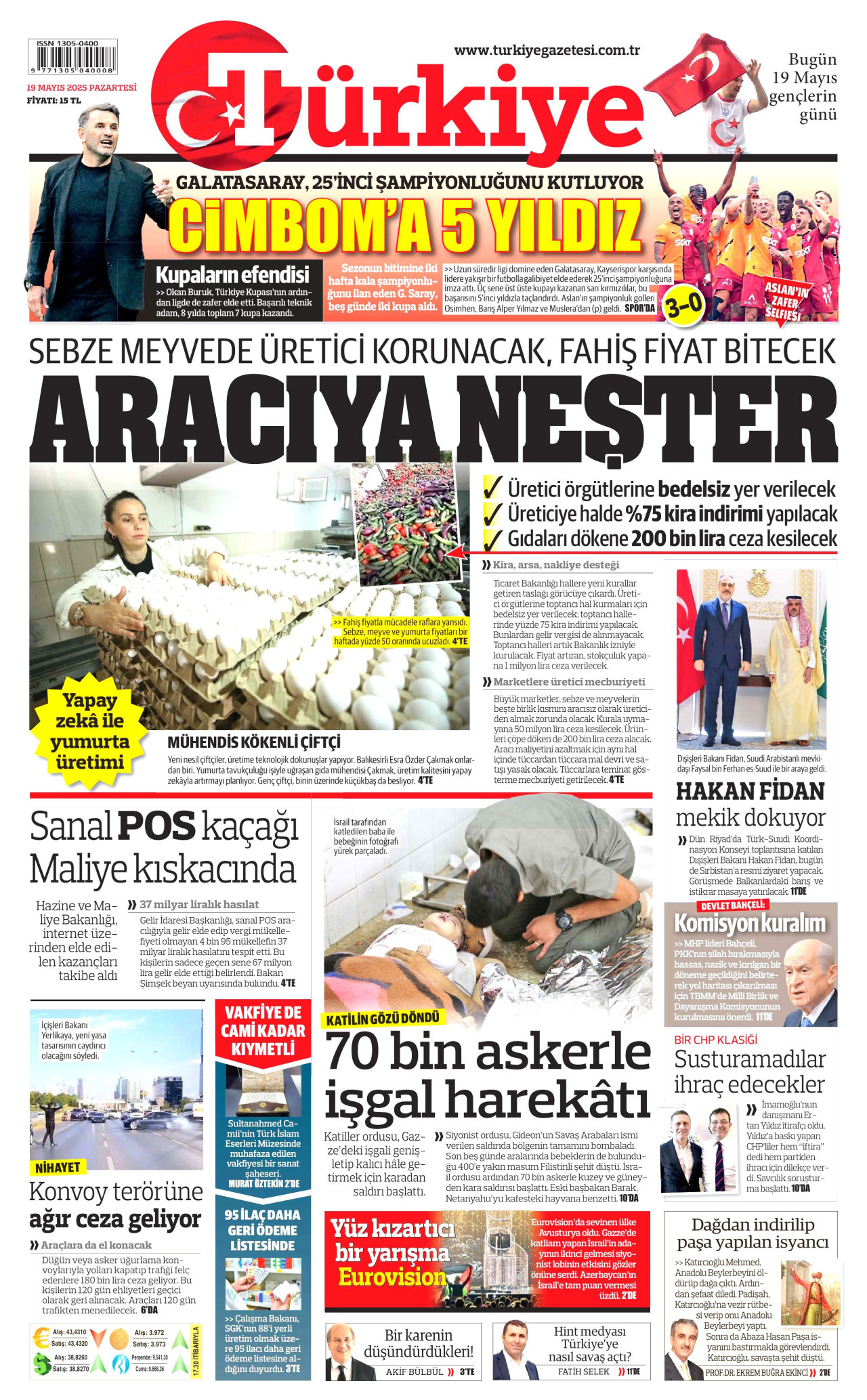TÜRKİYE GAZETESİ gazetesinin 19 Mayıs 2025 tarihli birinci sayfası