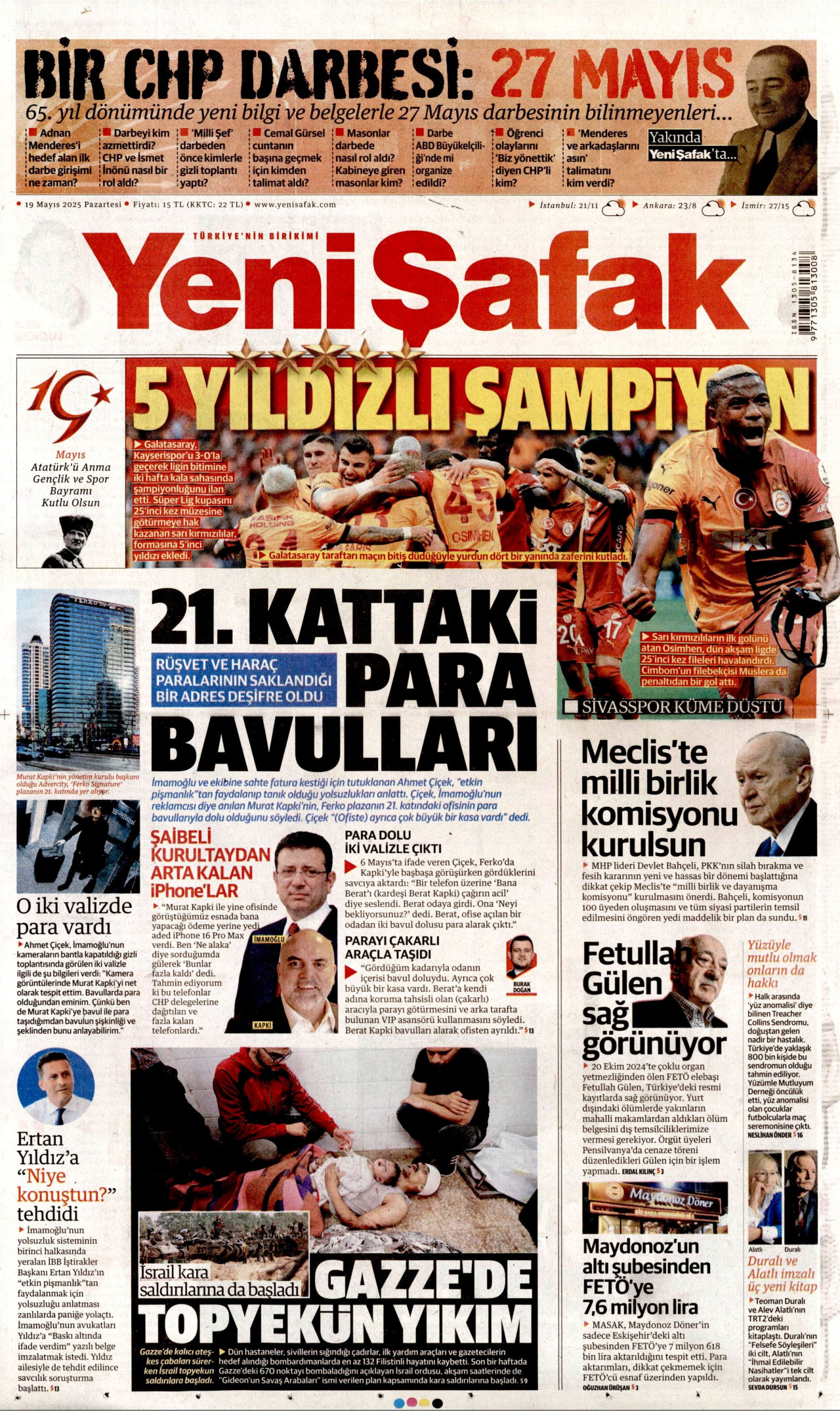 YENİ ŞAFAK gazetesinin 19 Mayıs 2025 tarihli birinci sayfası