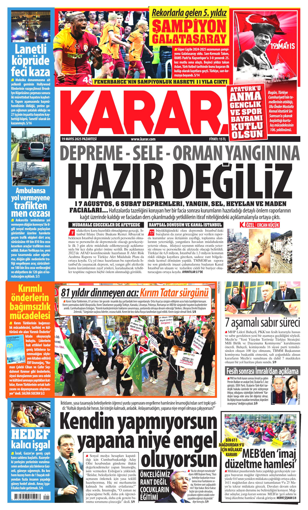 KARAR gazetesinin 19 Mayıs 2025 tarihli birinci sayfası