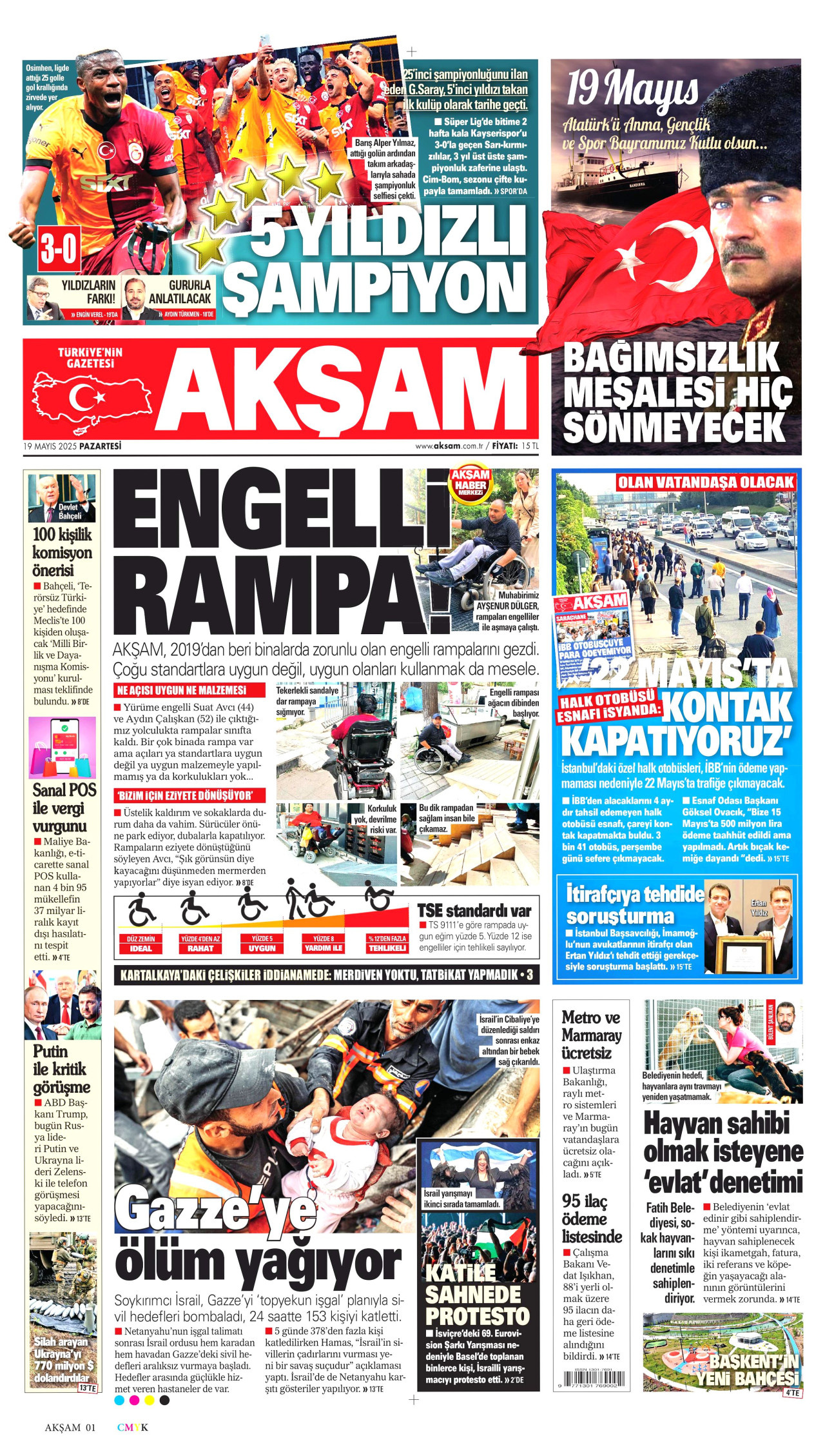 AKŞAM gazetesinin 19 Mayıs 2025 tarihli birinci sayfası