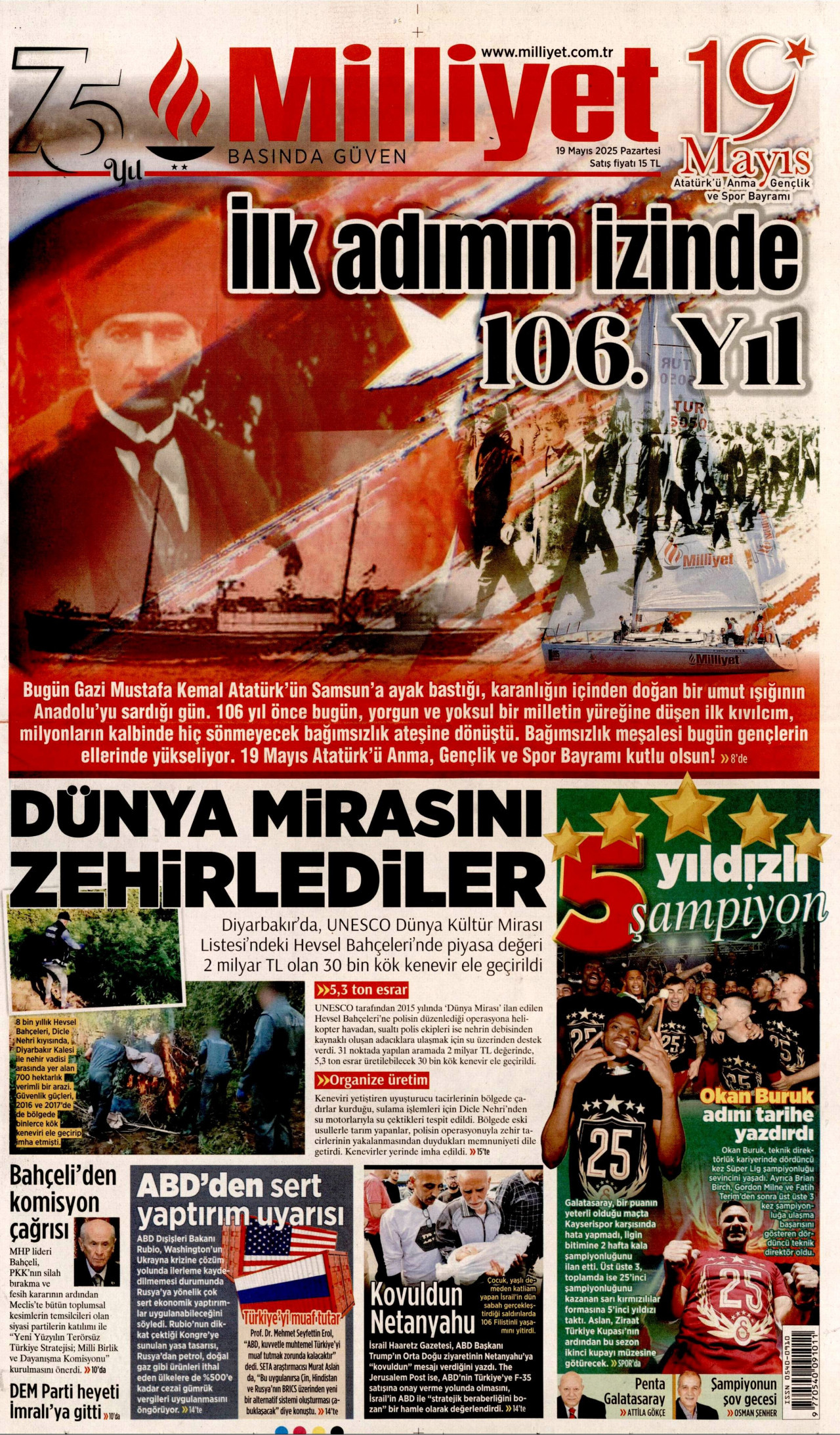 MİLLİYET gazetesinin 19 Mayıs 2025 tarihli birinci sayfası