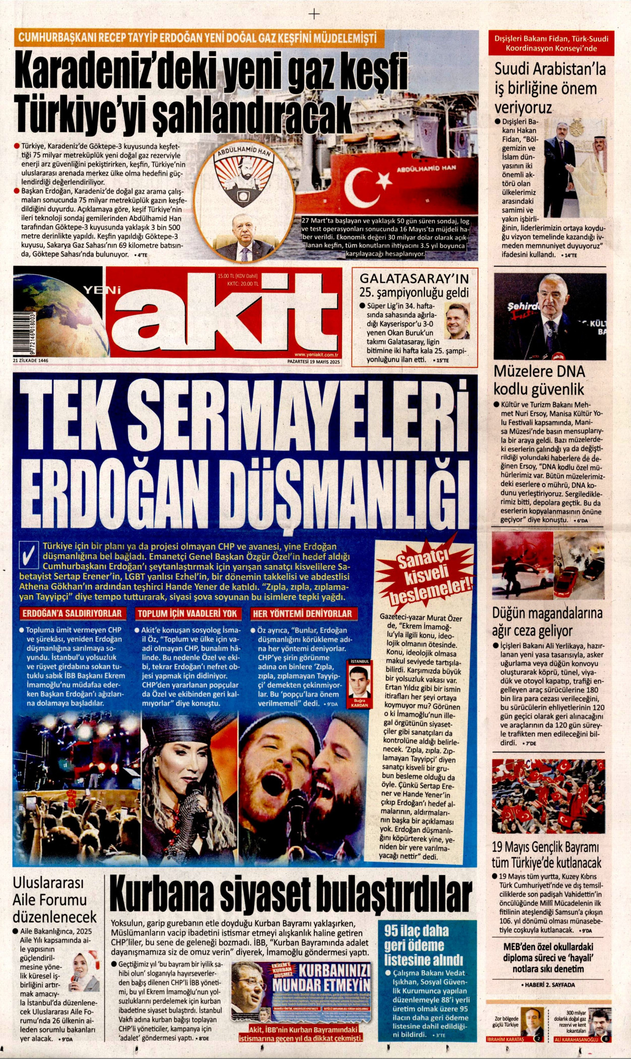 YENİ AKİT gazetesinin 19 Mayıs 2025 tarihli birinci sayfası
