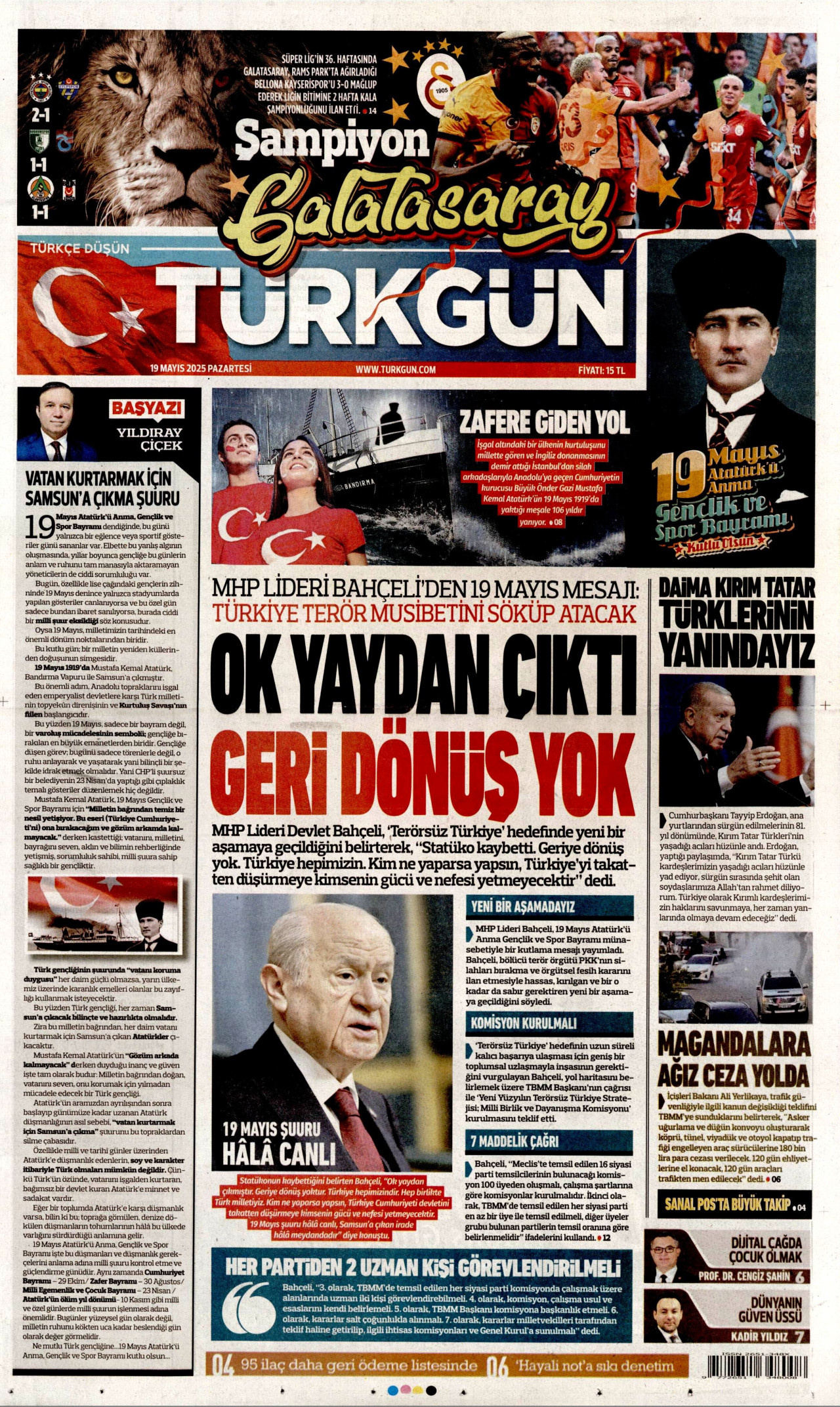 TÜRKGÜN gazetesinin 19 Mayıs 2025 tarihli birinci sayfası