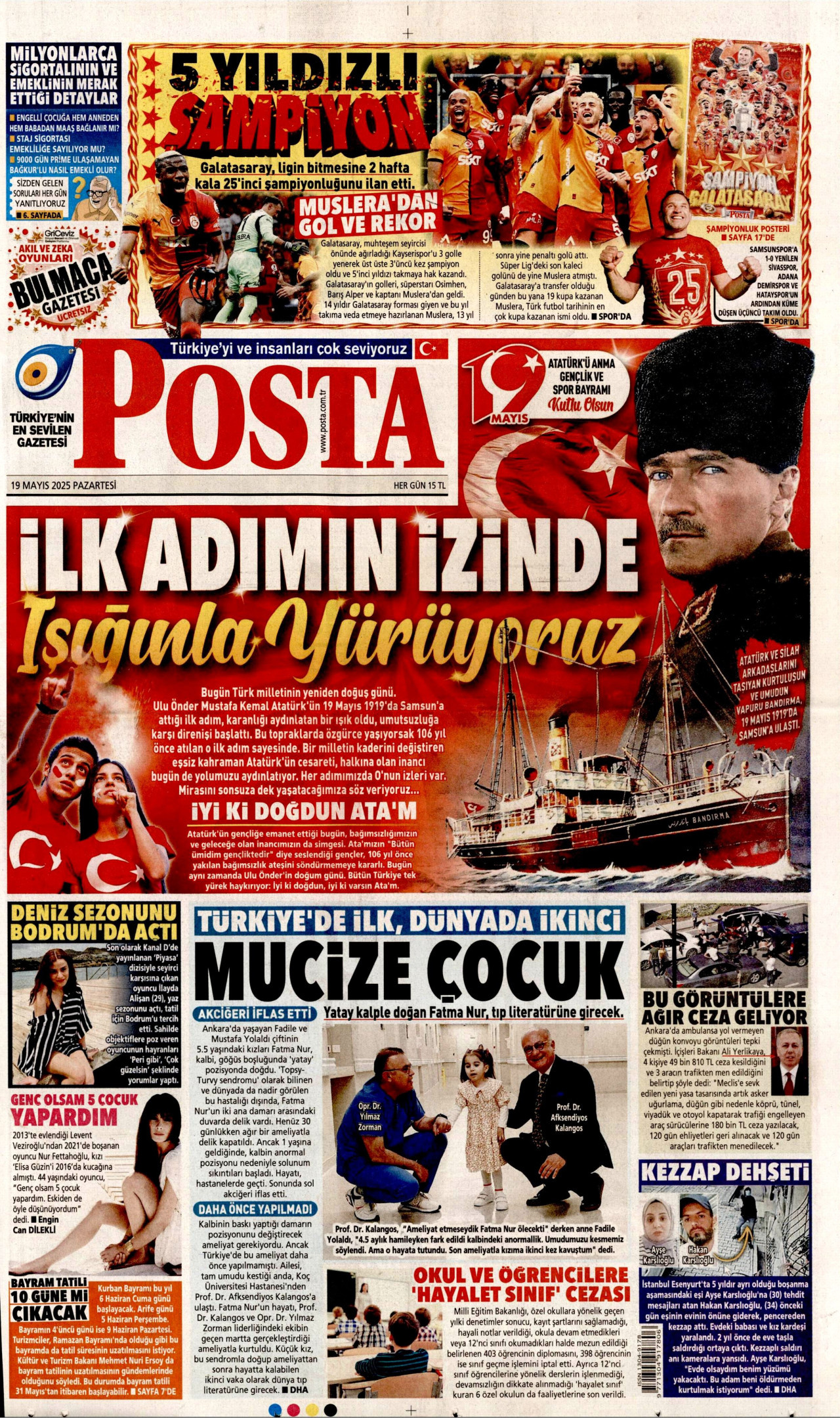 POSTA gazetesinin 19 Mayıs 2025 tarihli birinci sayfası