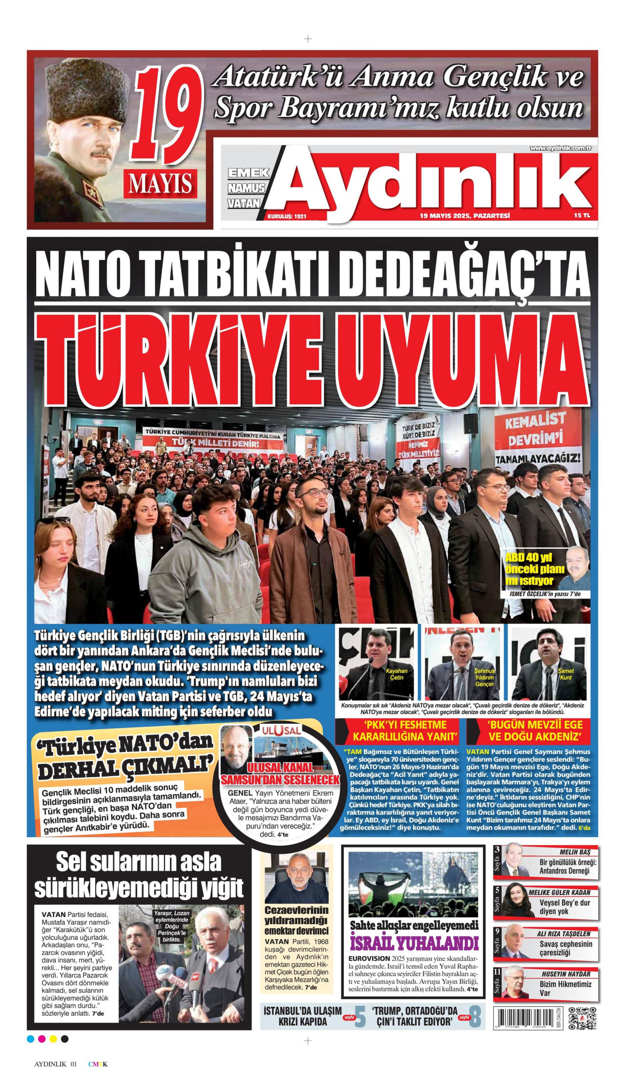 AYDINLIK GAZETESİ gazetesinin 19 Mayıs 2025 tarihli birinci sayfası