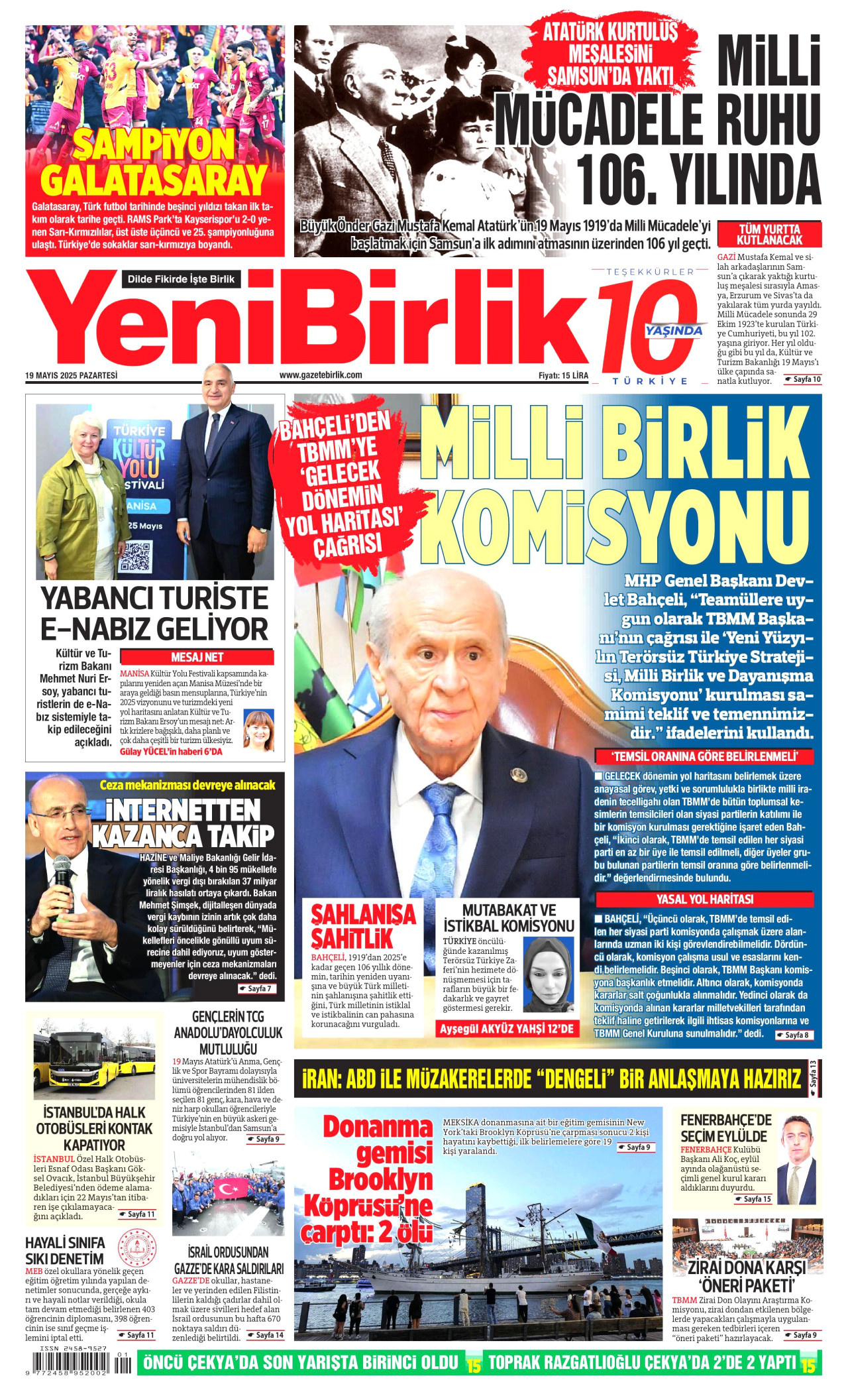YENİBİRLİK gazetesinin 19 Mayıs 2025 tarihli birinci sayfası