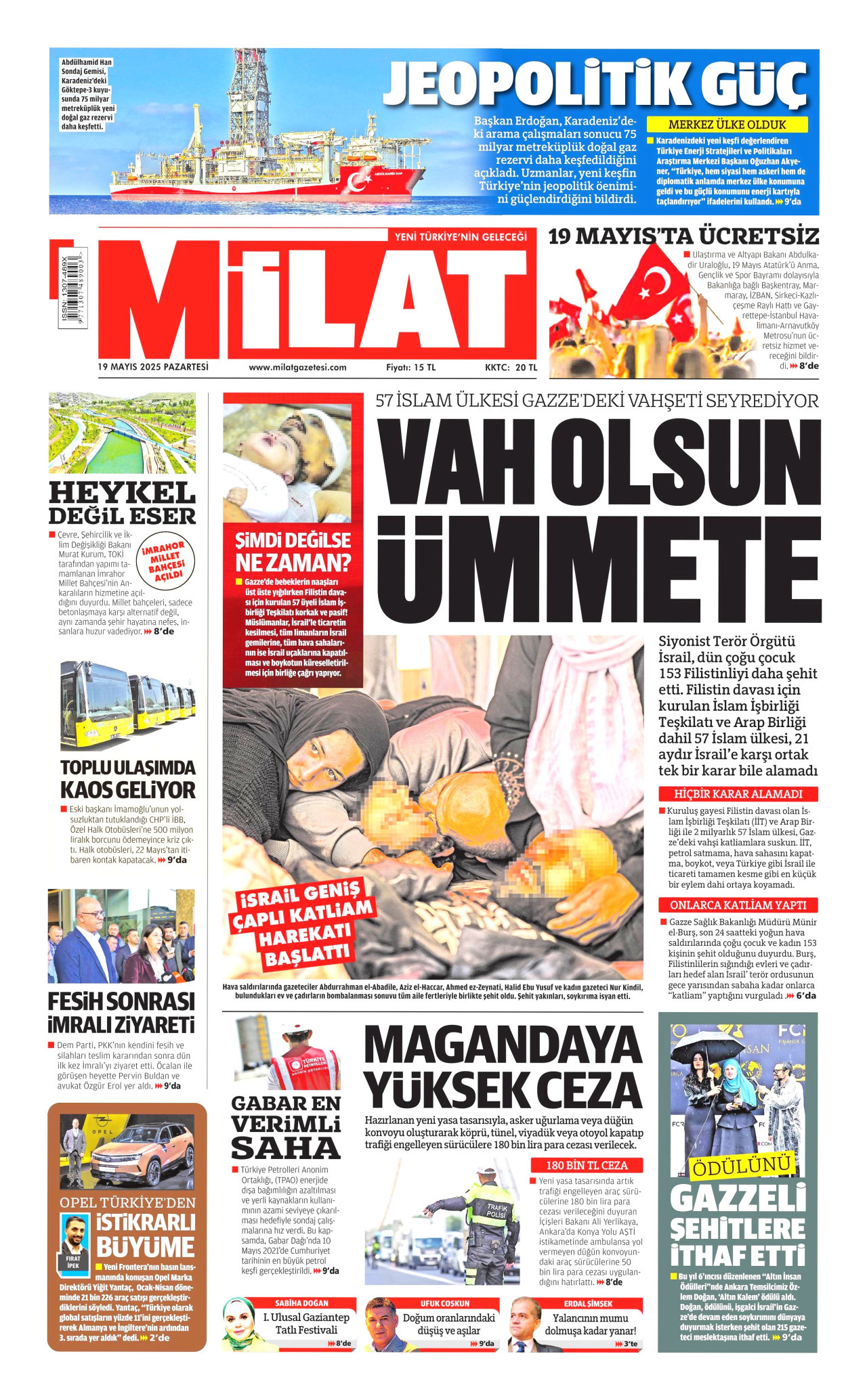MİLAT gazetesinin 19 Mayıs 2025 tarihli birinci sayfası