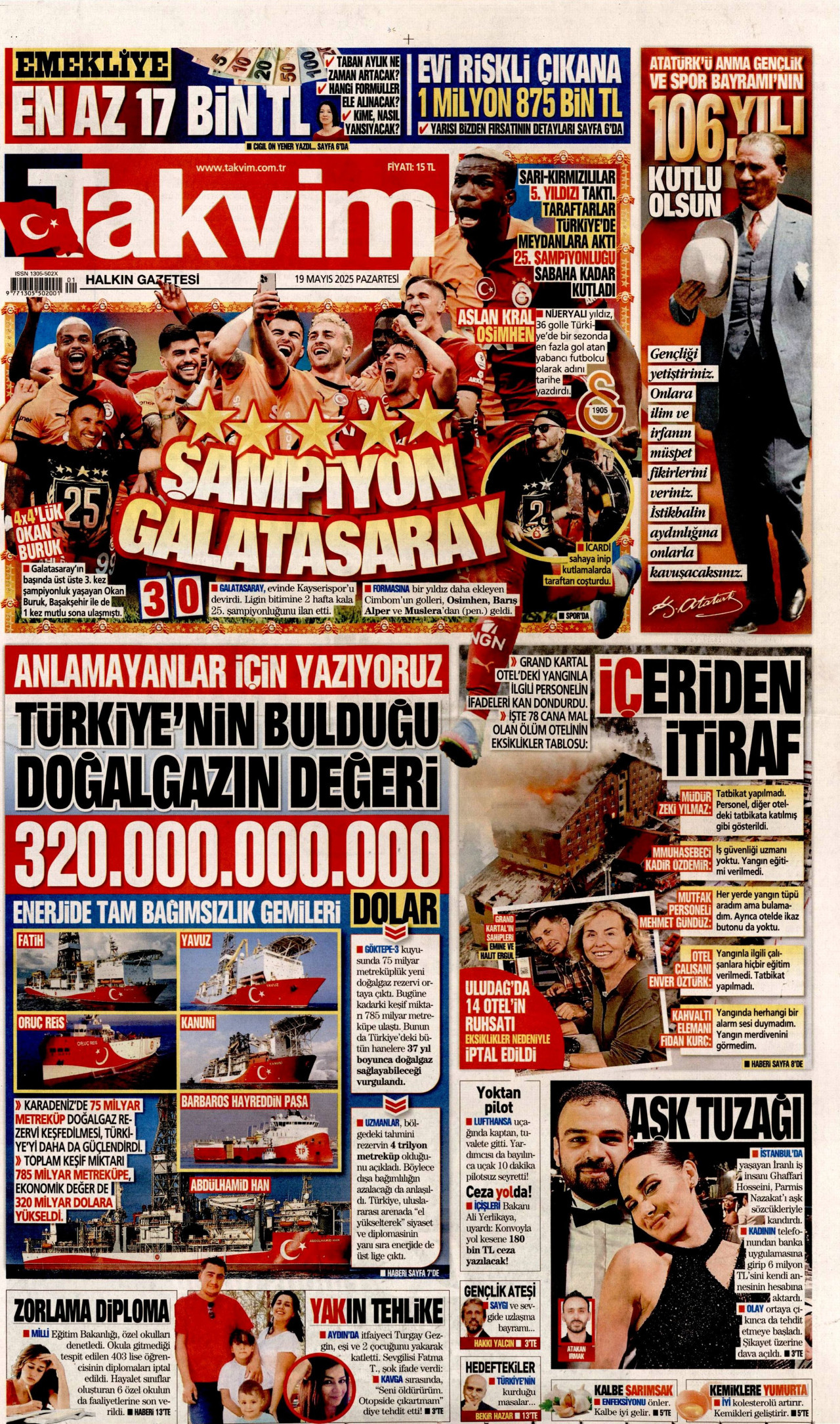 TAKVİM gazetesinin 19 Mayıs 2025 tarihli birinci sayfası