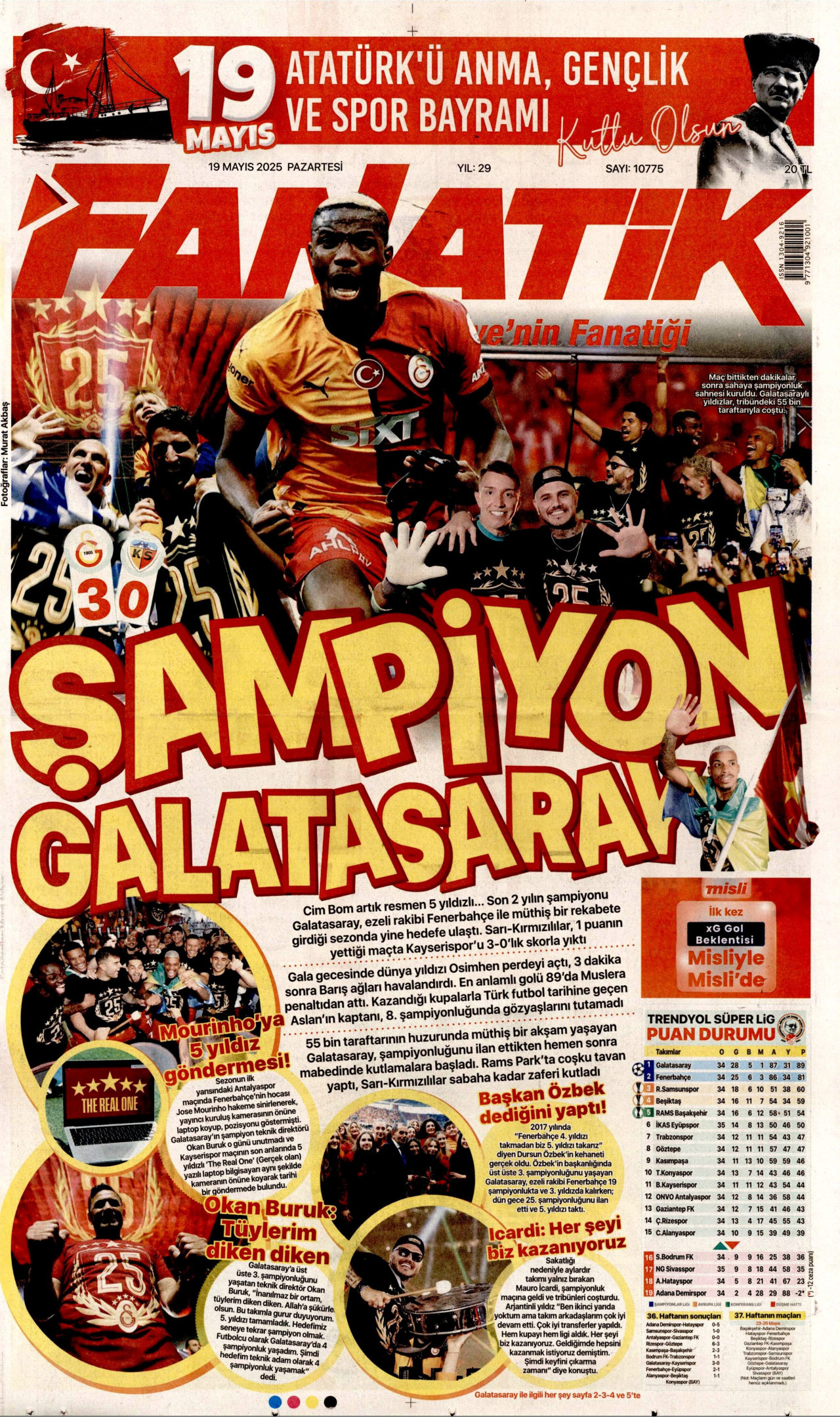 FANATİK gazetesinin 19 Mayıs 2025 tarihli birinci sayfası