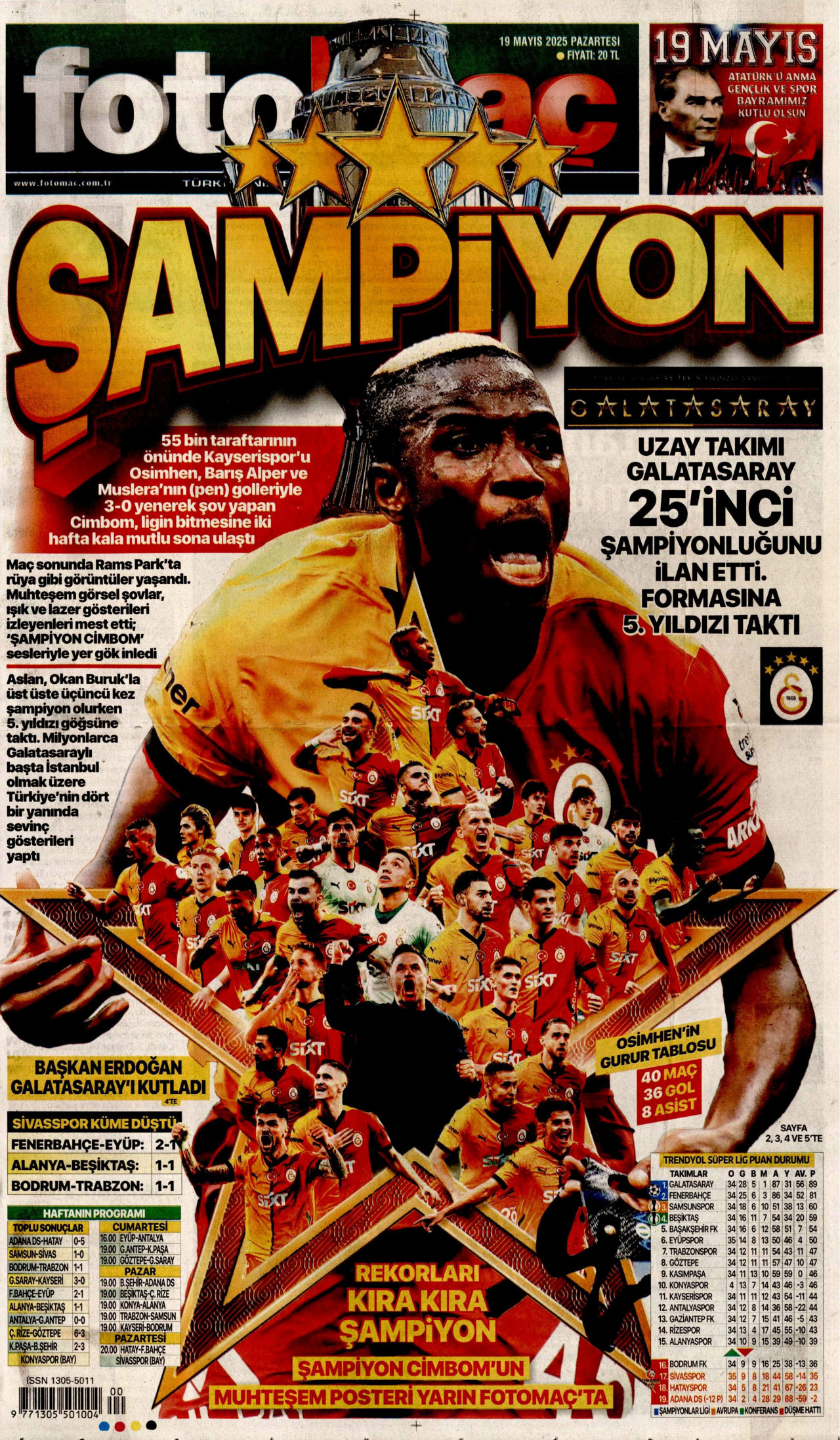 FOTOMAÇ gazetesinin 19 Mayıs 2025 tarihli birinci sayfası