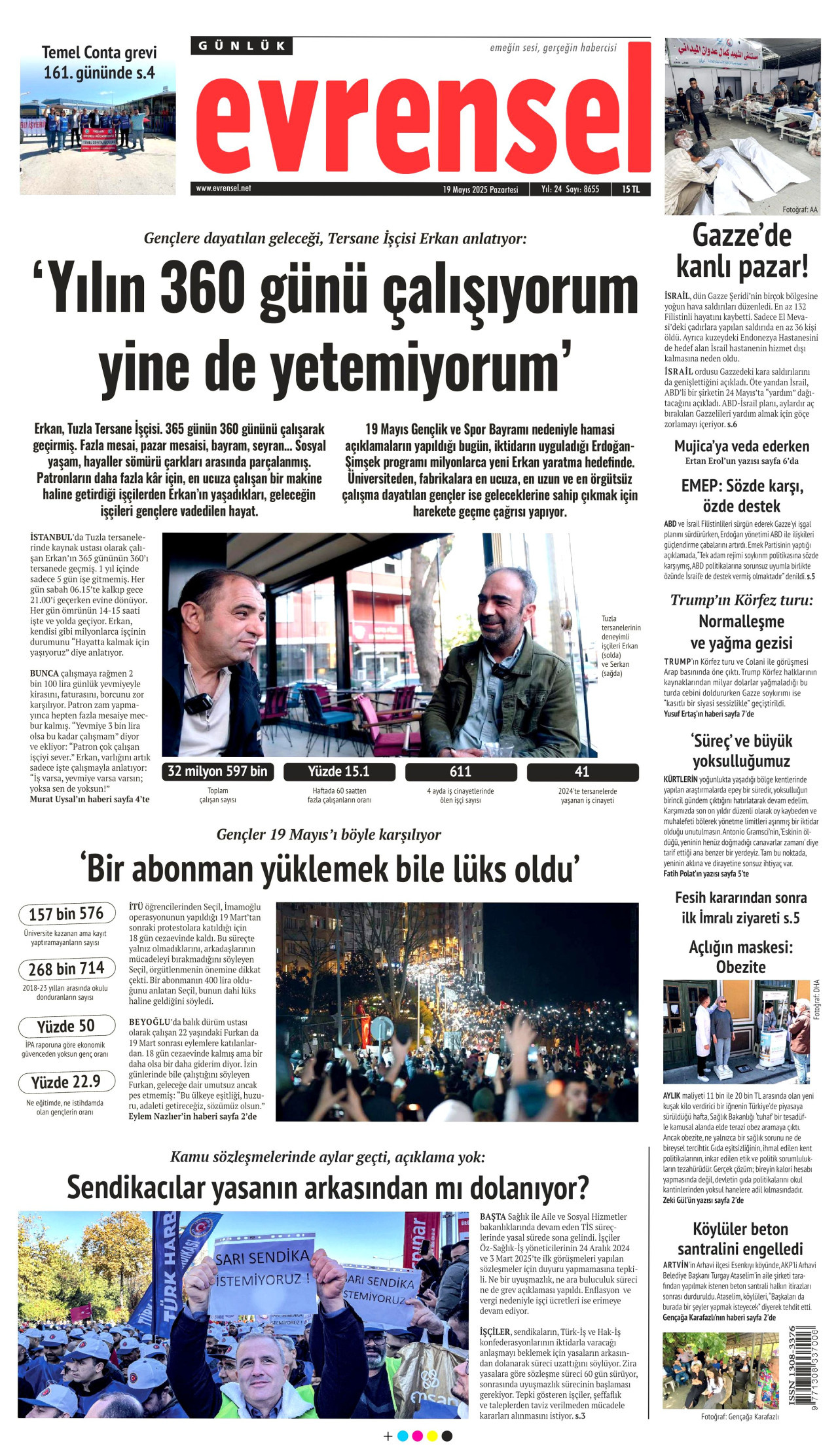 EVRENSEL gazetesinin 19 Mayıs 2025 tarihli birinci sayfası