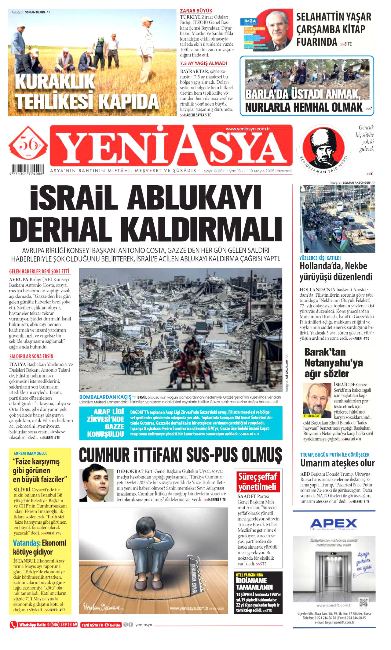 YENİ ASYA gazetesinin 19 Mayıs 2025 tarihli birinci sayfası