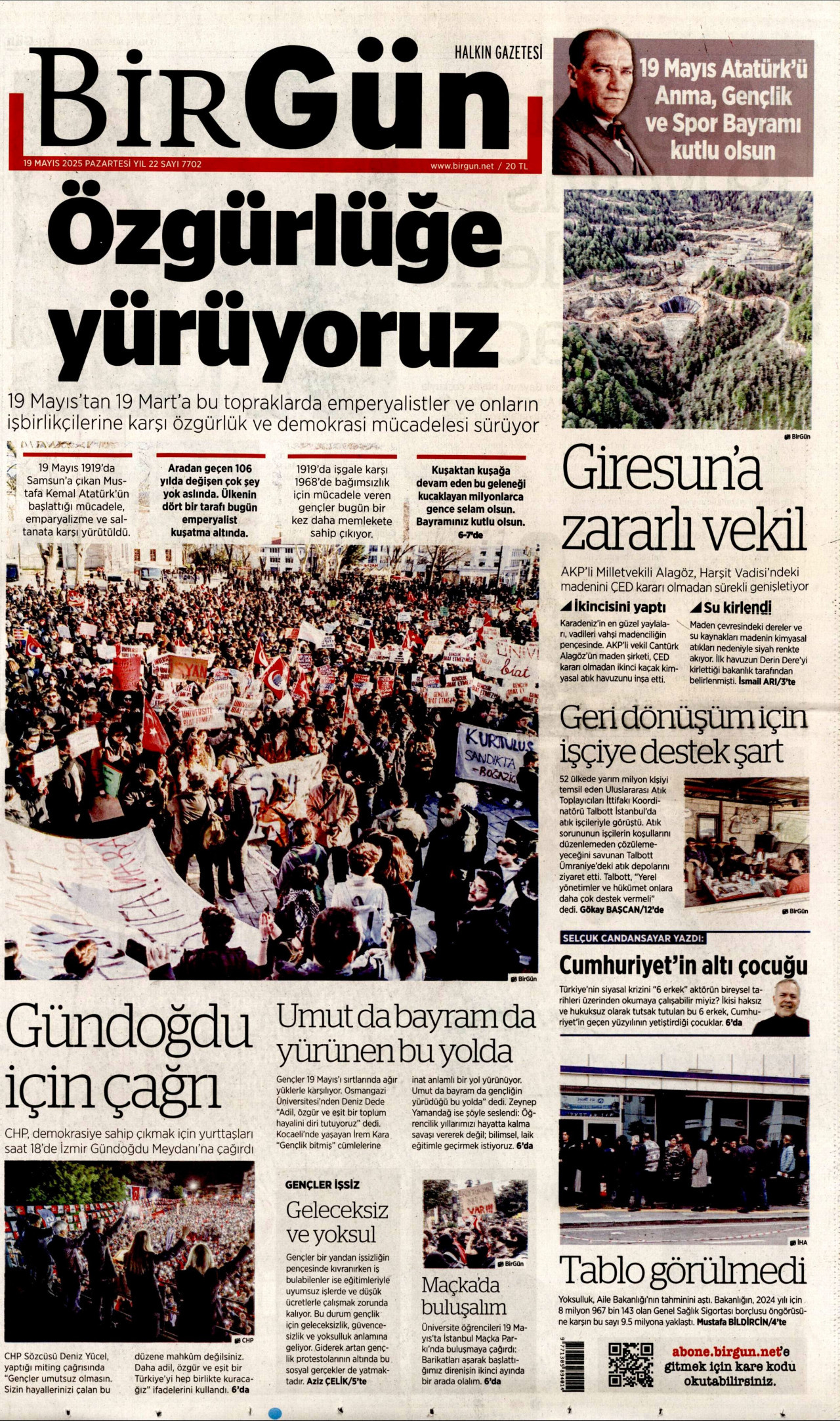 BİRGÜN gazetesinin 19 Mayıs 2025 tarihli birinci sayfası