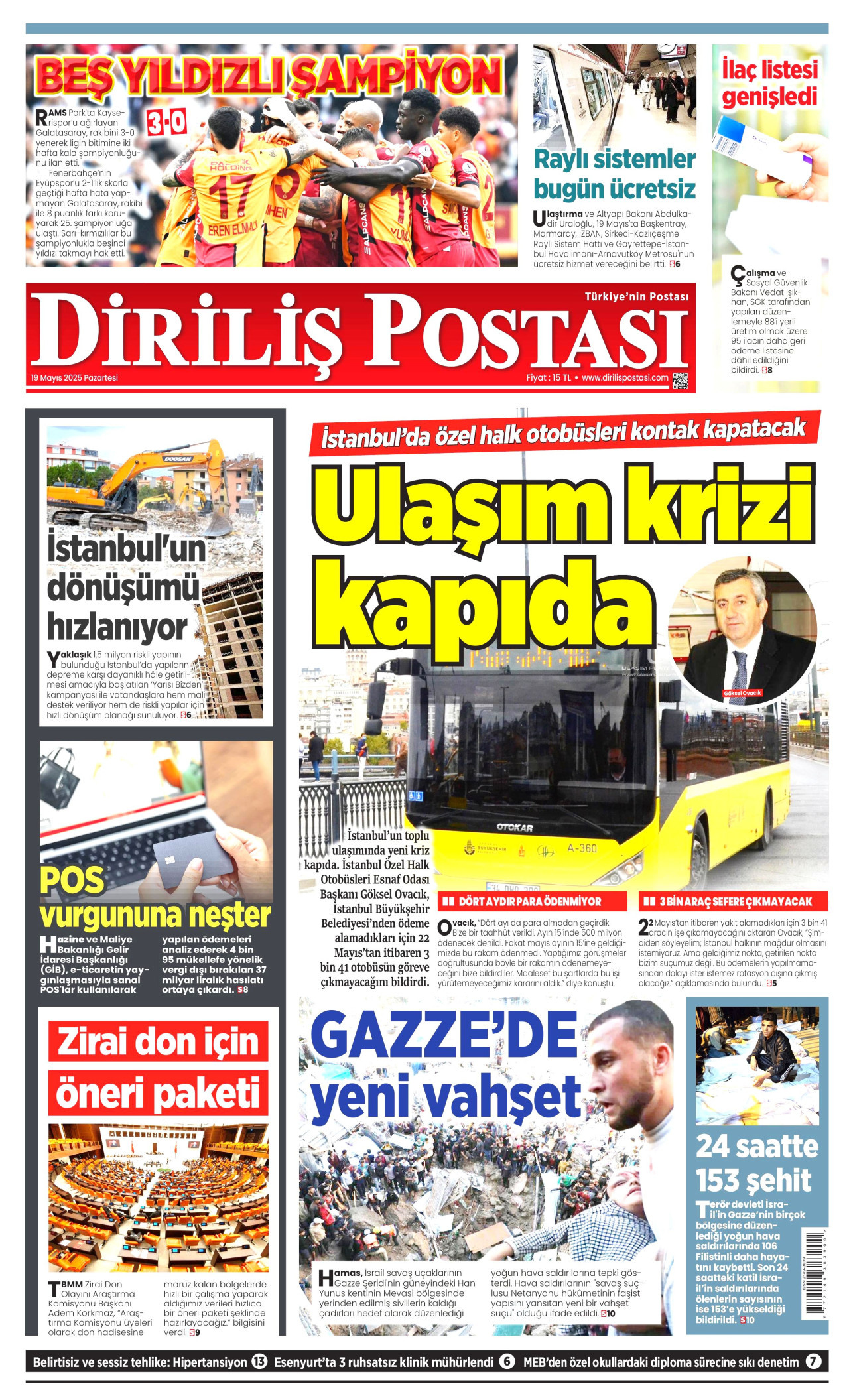 DİRİLİŞ POSTASI gazetesinin 19 Mayıs 2025 tarihli birinci sayfası
