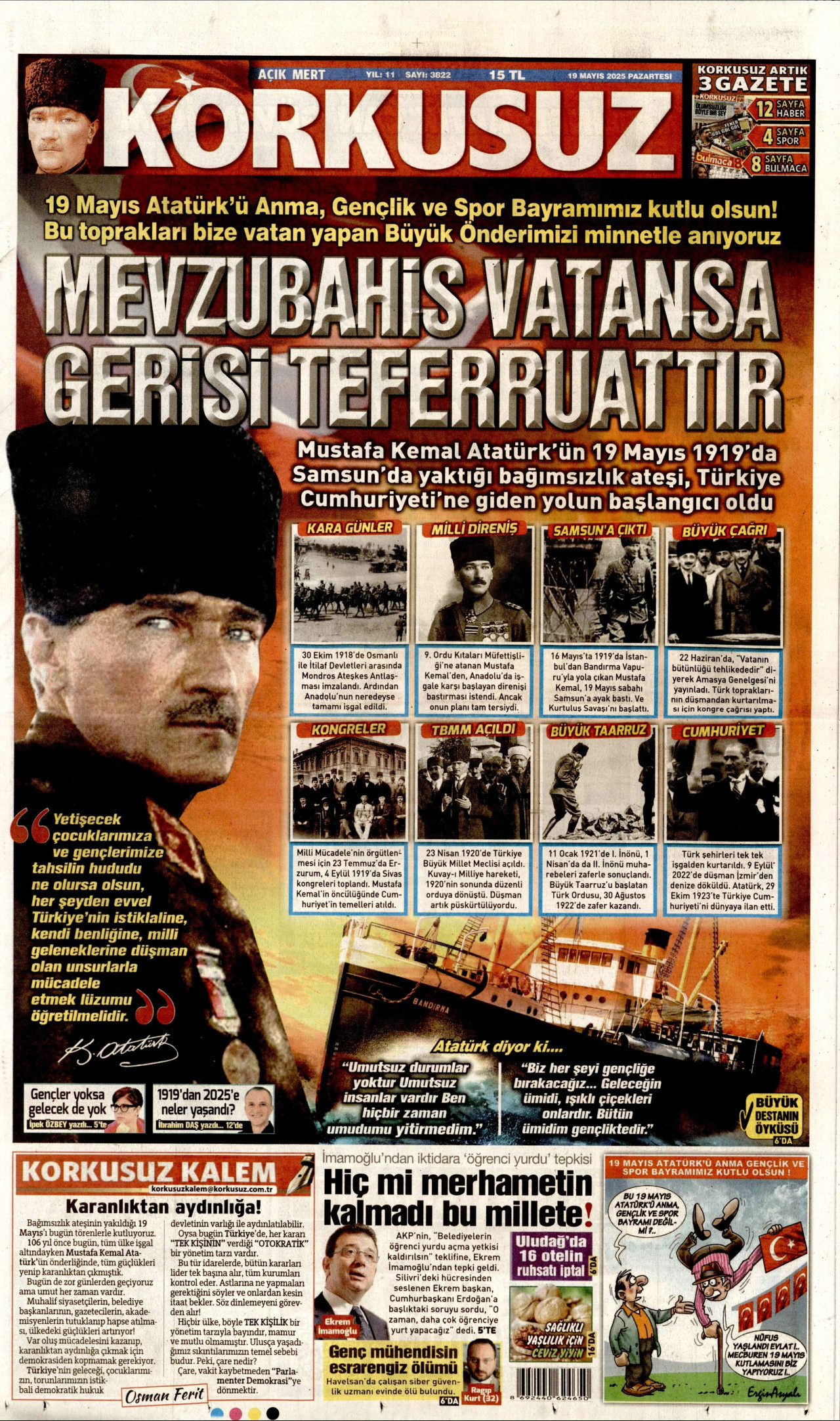 KORKUSUZ gazetesinin 19 Mayıs 2025 tarihli birinci sayfası