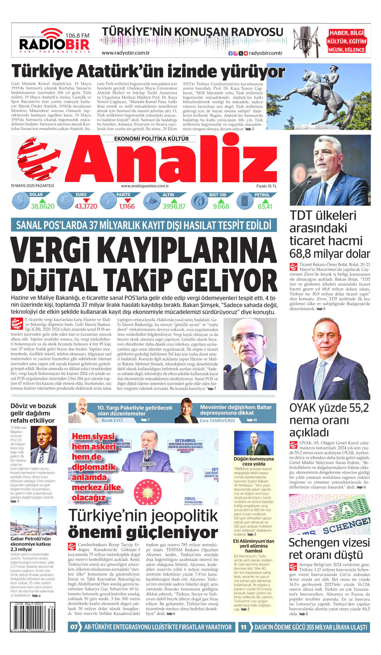 ANALİZ gazetesinin 19 Mayıs 2025 tarihli birinci sayfası