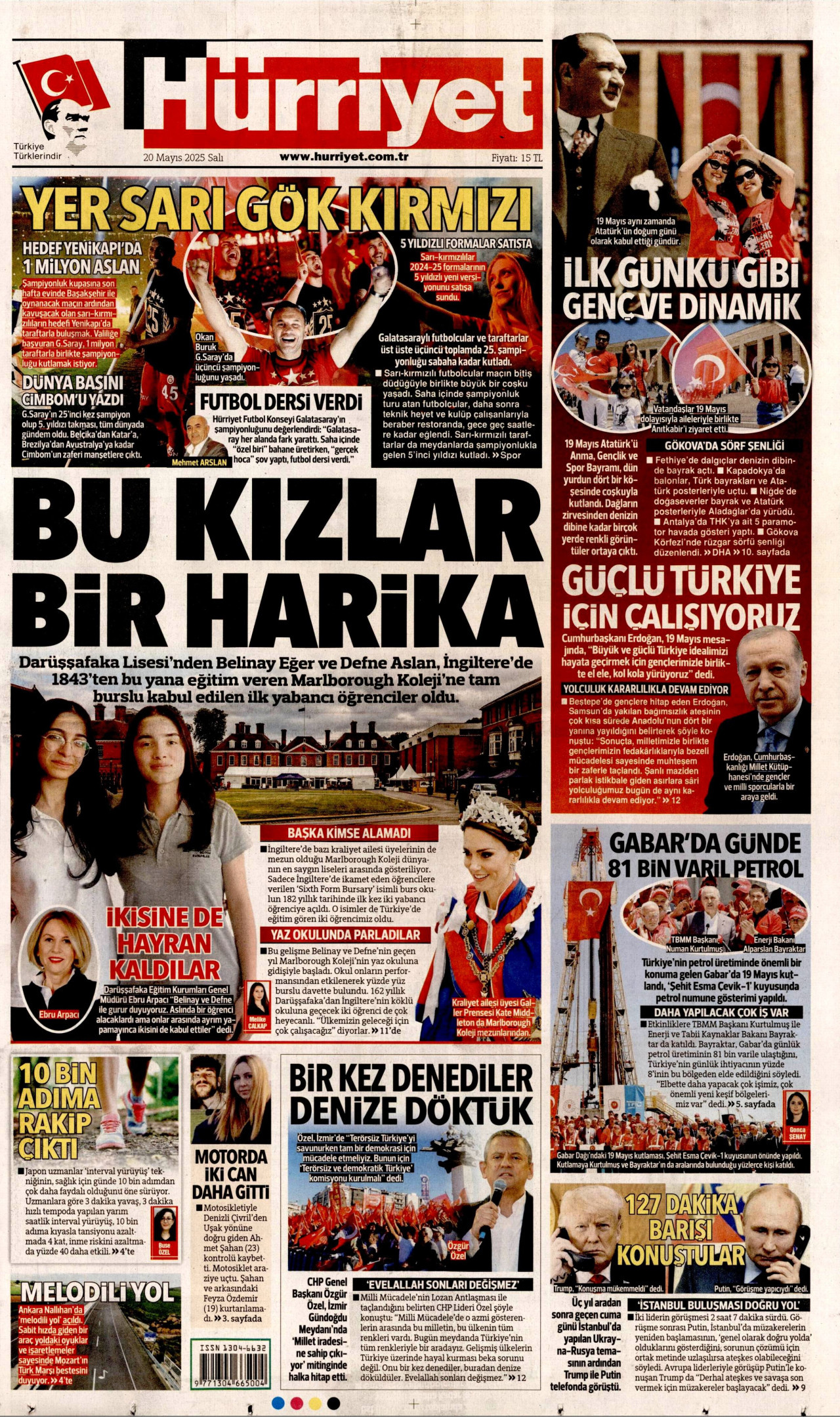 HÜRRİYET gazetesinin 20 Mayıs 2025 tarihli birinci sayfası
