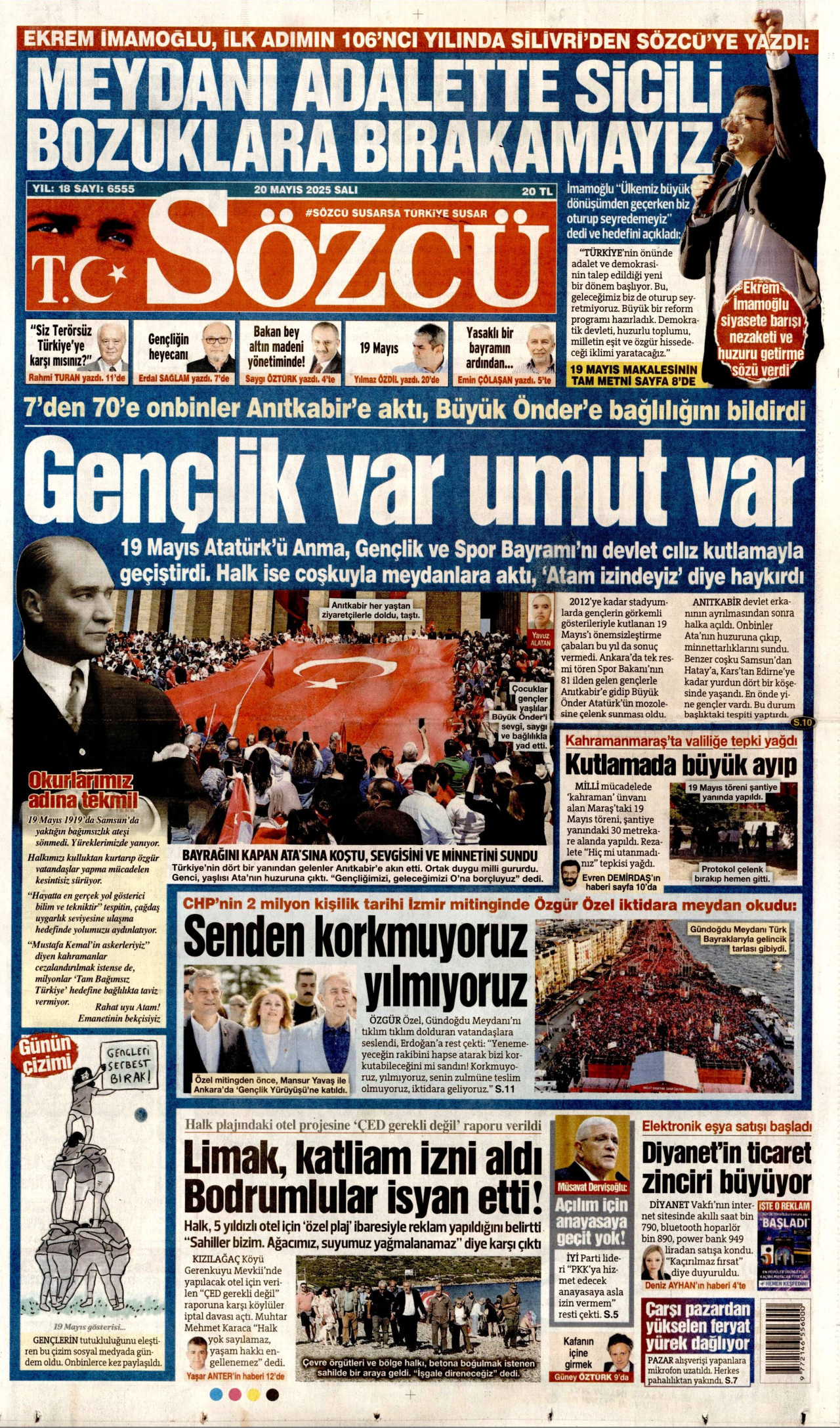 SÖZCÜ gazetesinin 20 Mayıs 2025 tarihli birinci sayfası