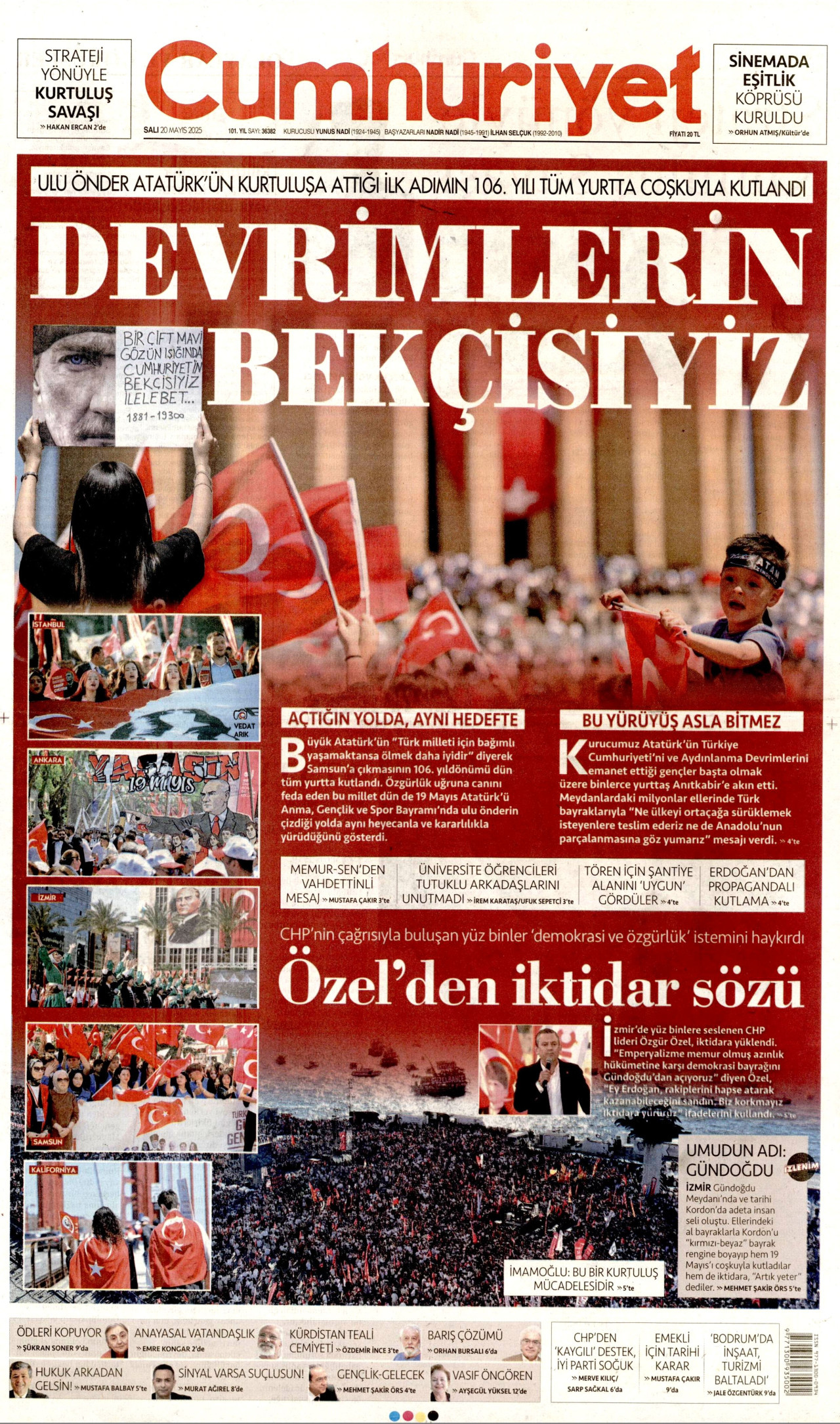 CUMHURİYET gazetesinin 20 Mayıs 2025 tarihli birinci sayfası