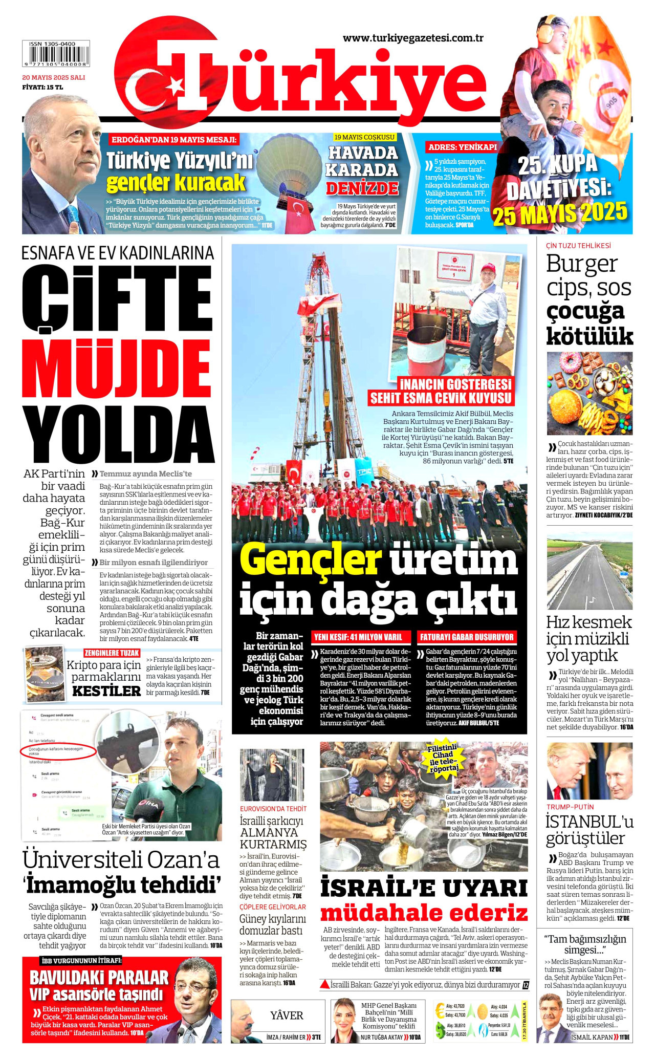 TÜRKİYE GAZETESİ gazetesinin 20 Mayıs 2025 tarihli birinci sayfası
