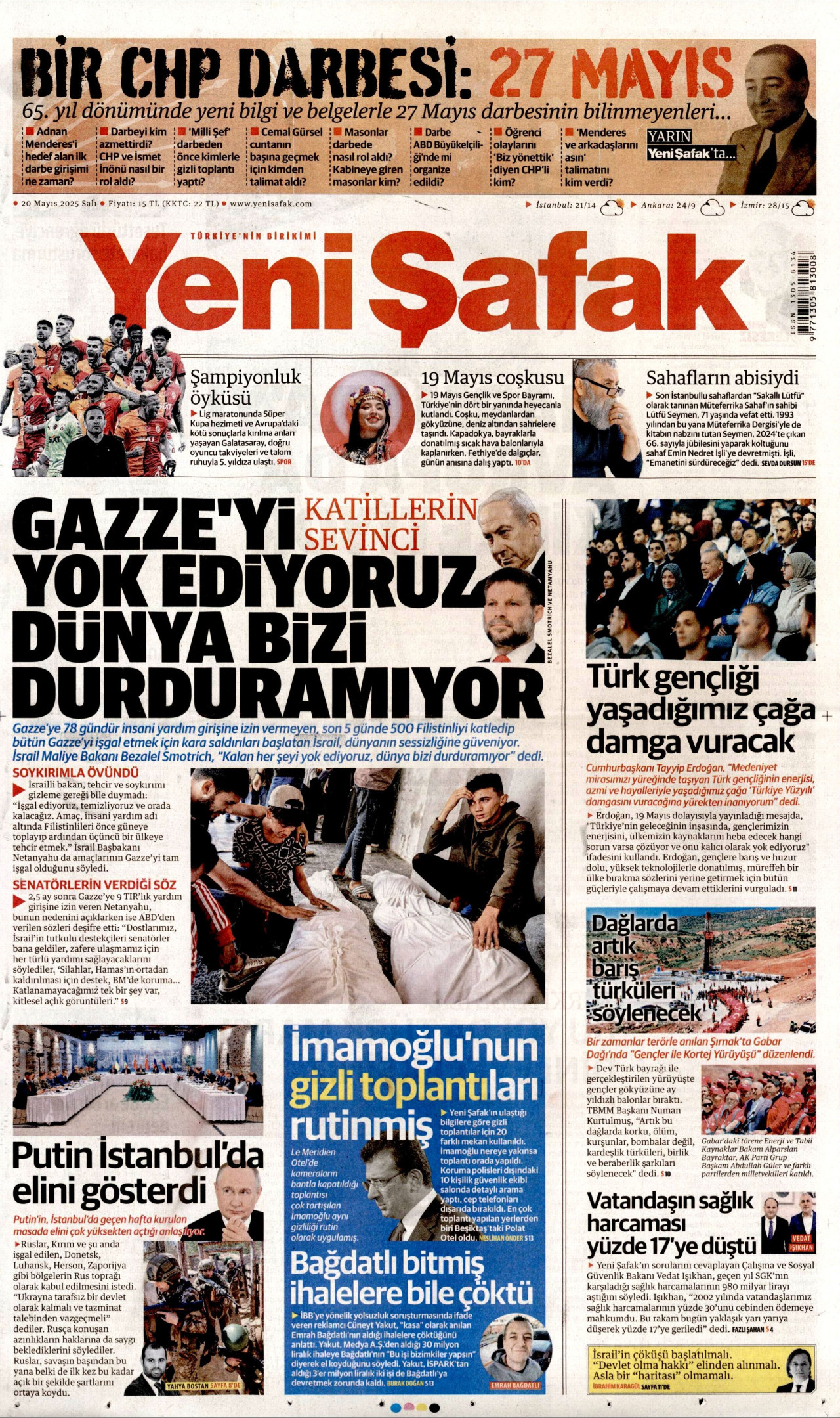 YENİ ŞAFAK gazetesinin 20 Mayıs 2025 tarihli birinci sayfası