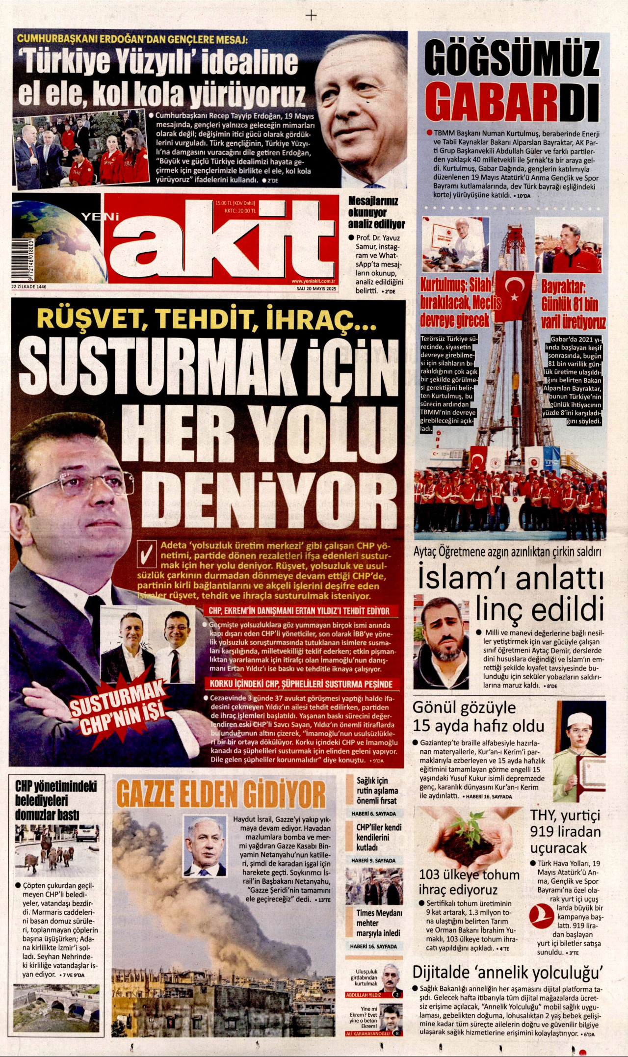 YENİ AKİT gazetesinin 20 Mayıs 2025 tarihli birinci sayfası