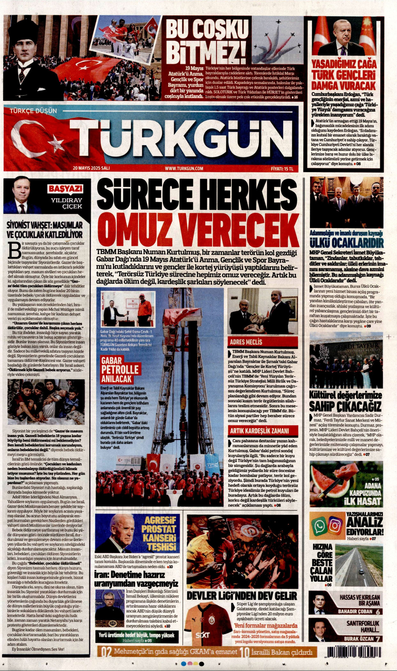 TÜRKGÜN gazetesinin 20 Mayıs 2025 tarihli birinci sayfası
