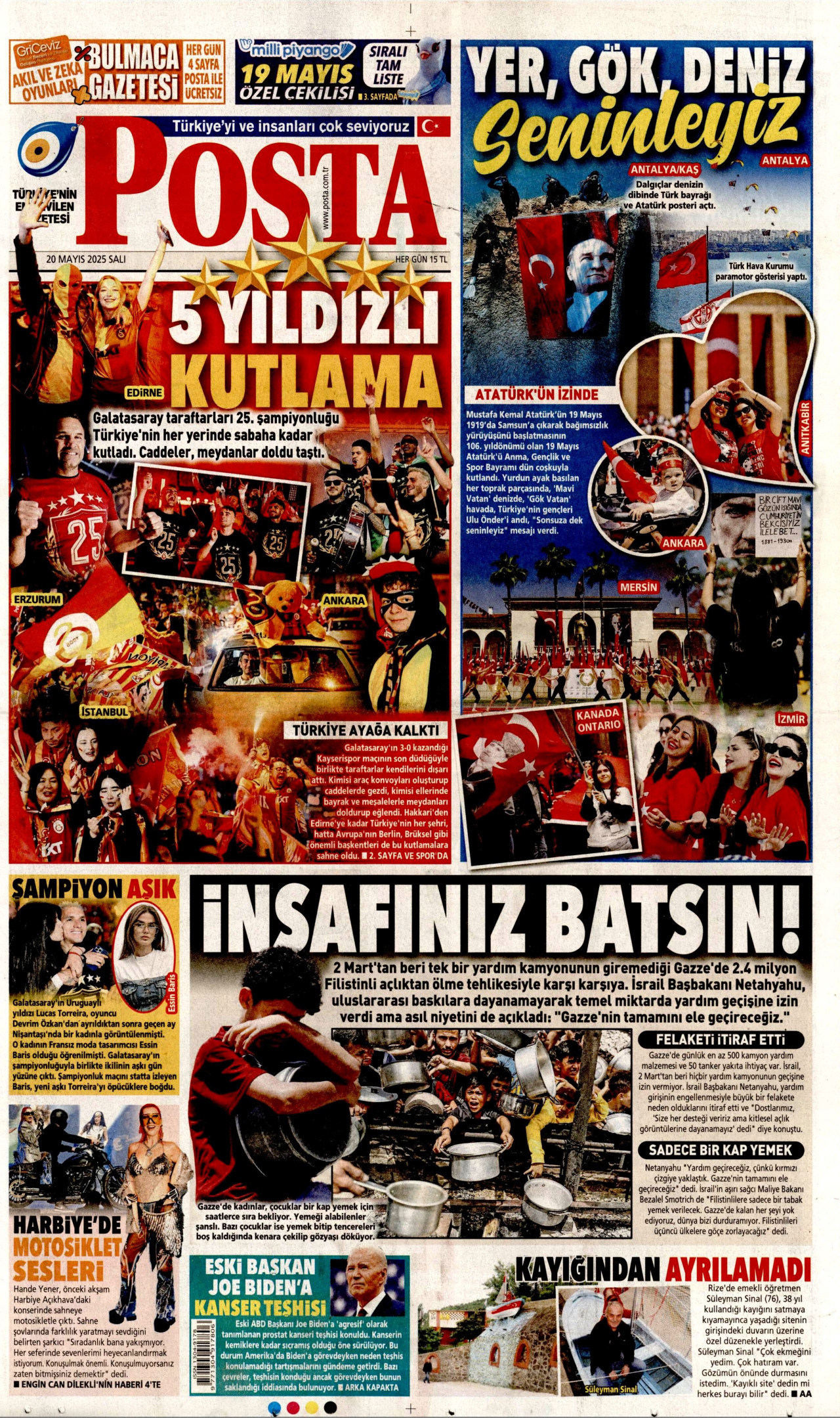 POSTA gazetesinin 20 Mayıs 2025 tarihli birinci sayfası