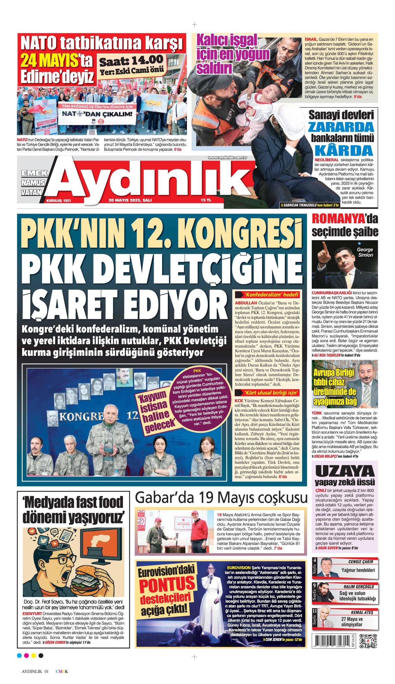 AYDINLIK GAZETESİ gazetesinin 20 Mayıs 2025 tarihli birinci sayfası