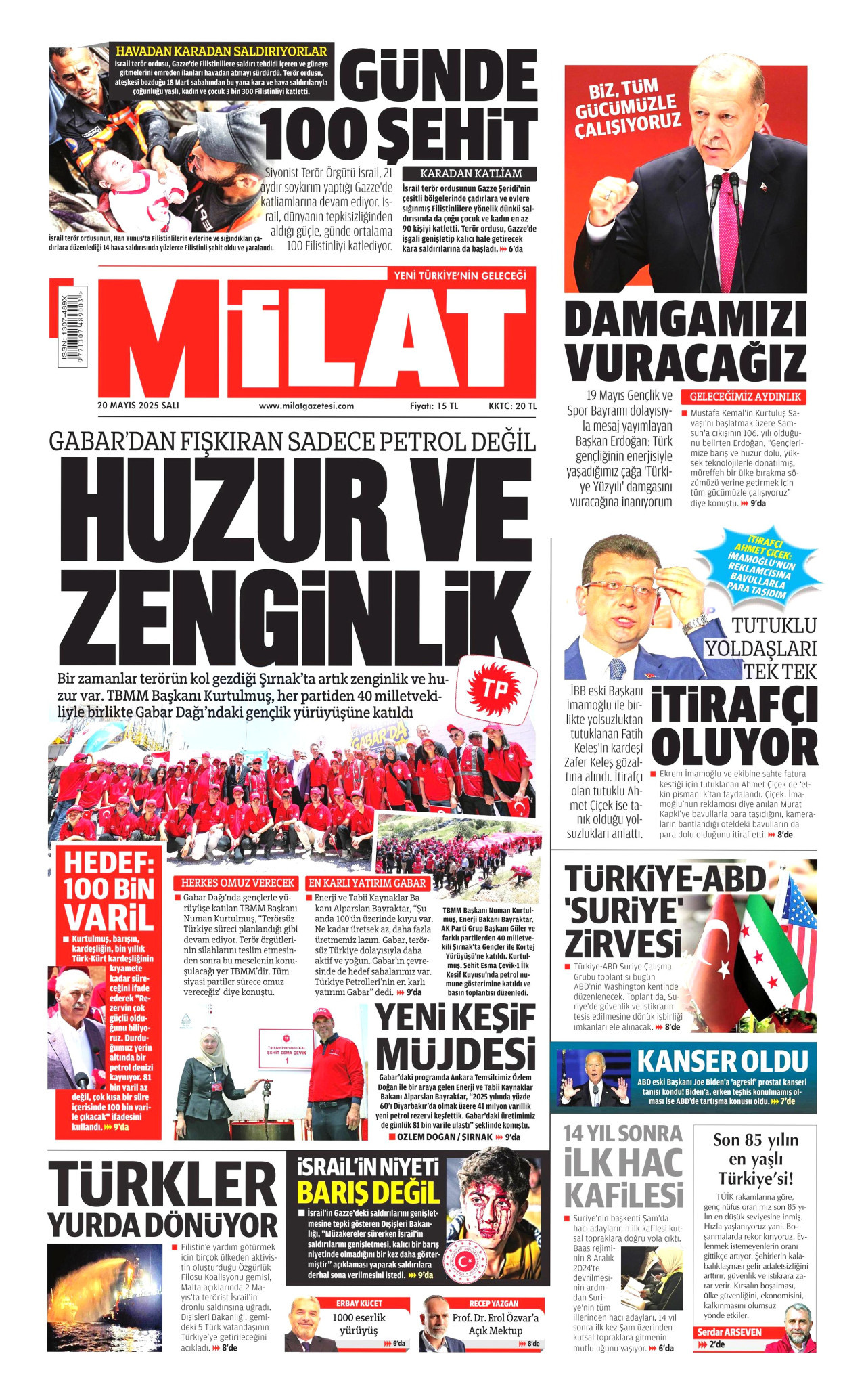 MİLAT gazetesinin 20 Mayıs 2025 tarihli birinci sayfası