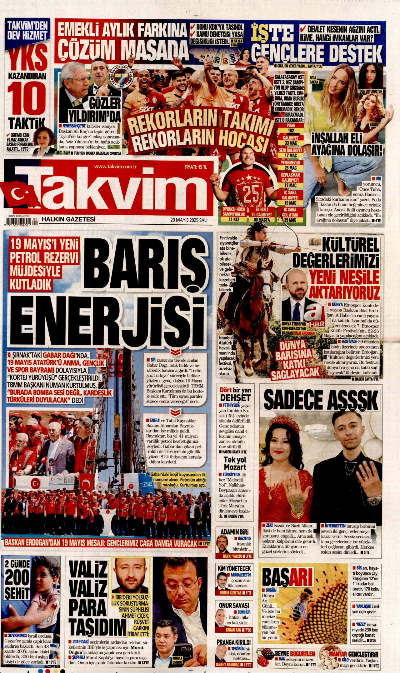 TAKVİM gazetesinin 20 Mayıs 2025 tarihli birinci sayfası