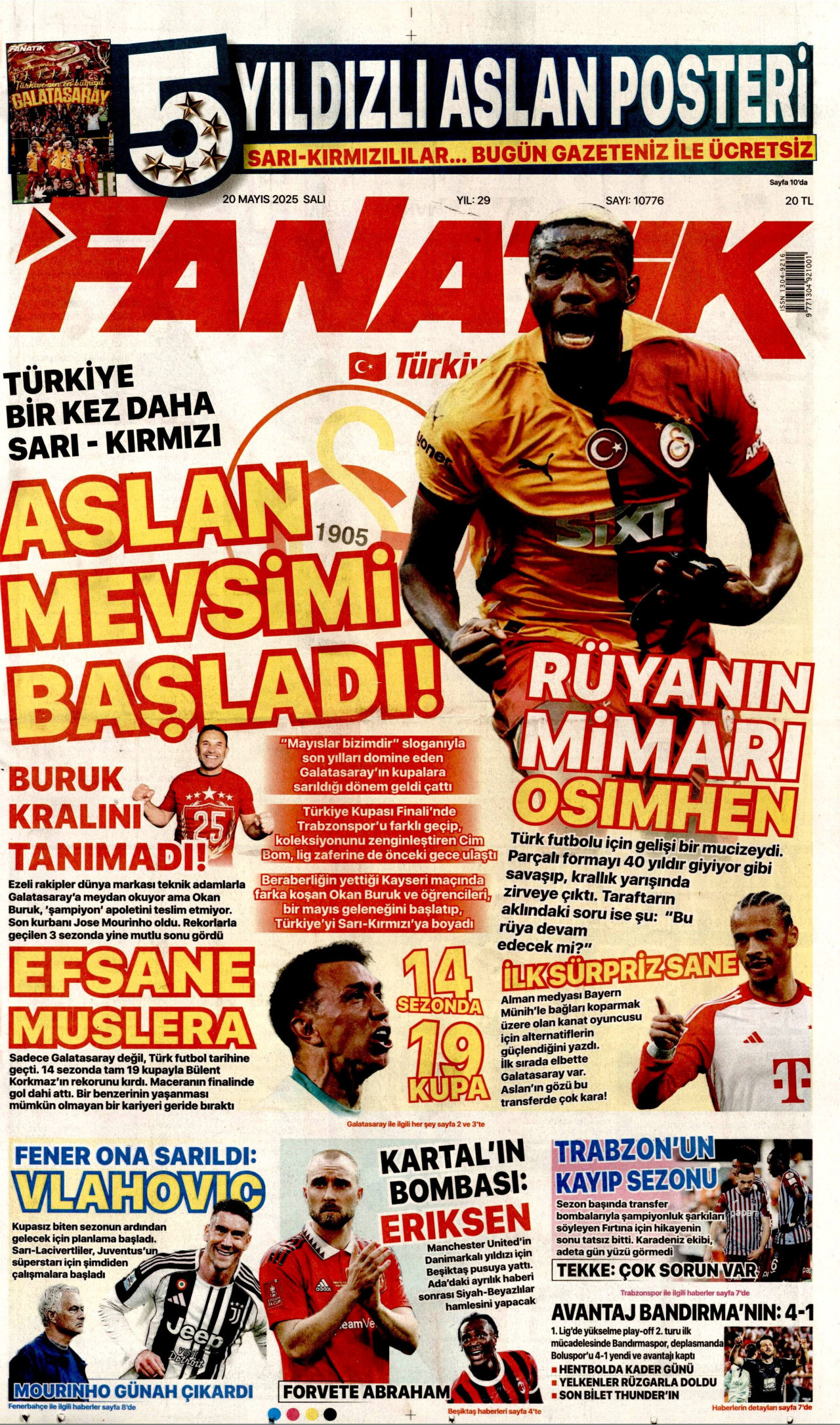 FANATİK gazetesinin 20 Mayıs 2025 tarihli birinci sayfası