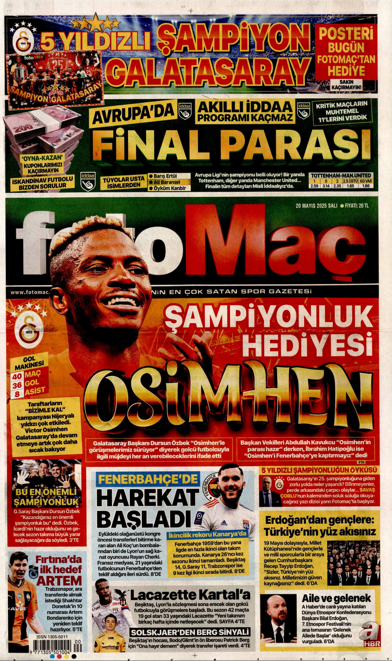 FOTOMAÇ gazetesinin 20 Mayıs 2025 tarihli birinci sayfası