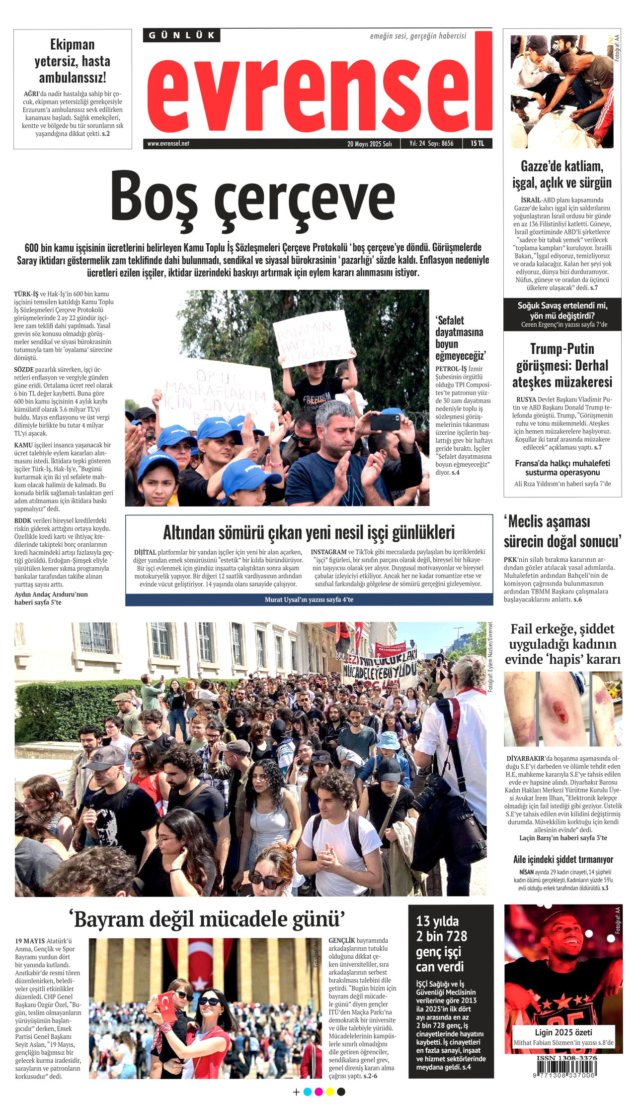 EVRENSEL gazetesinin 20 Mayıs 2025 tarihli birinci sayfası