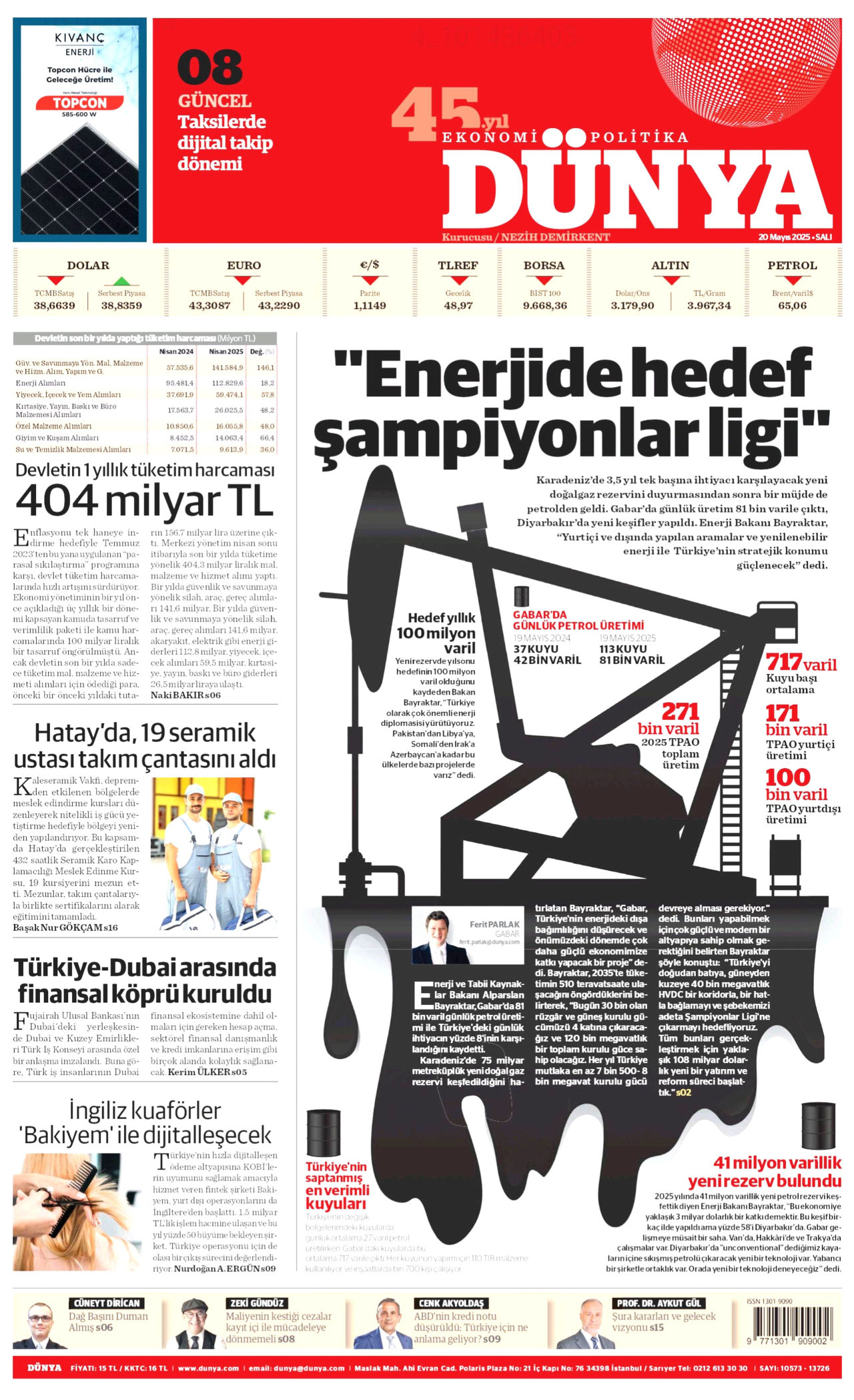 DÜNYA gazetesinin 20 Mayıs 2025 tarihli birinci sayfası