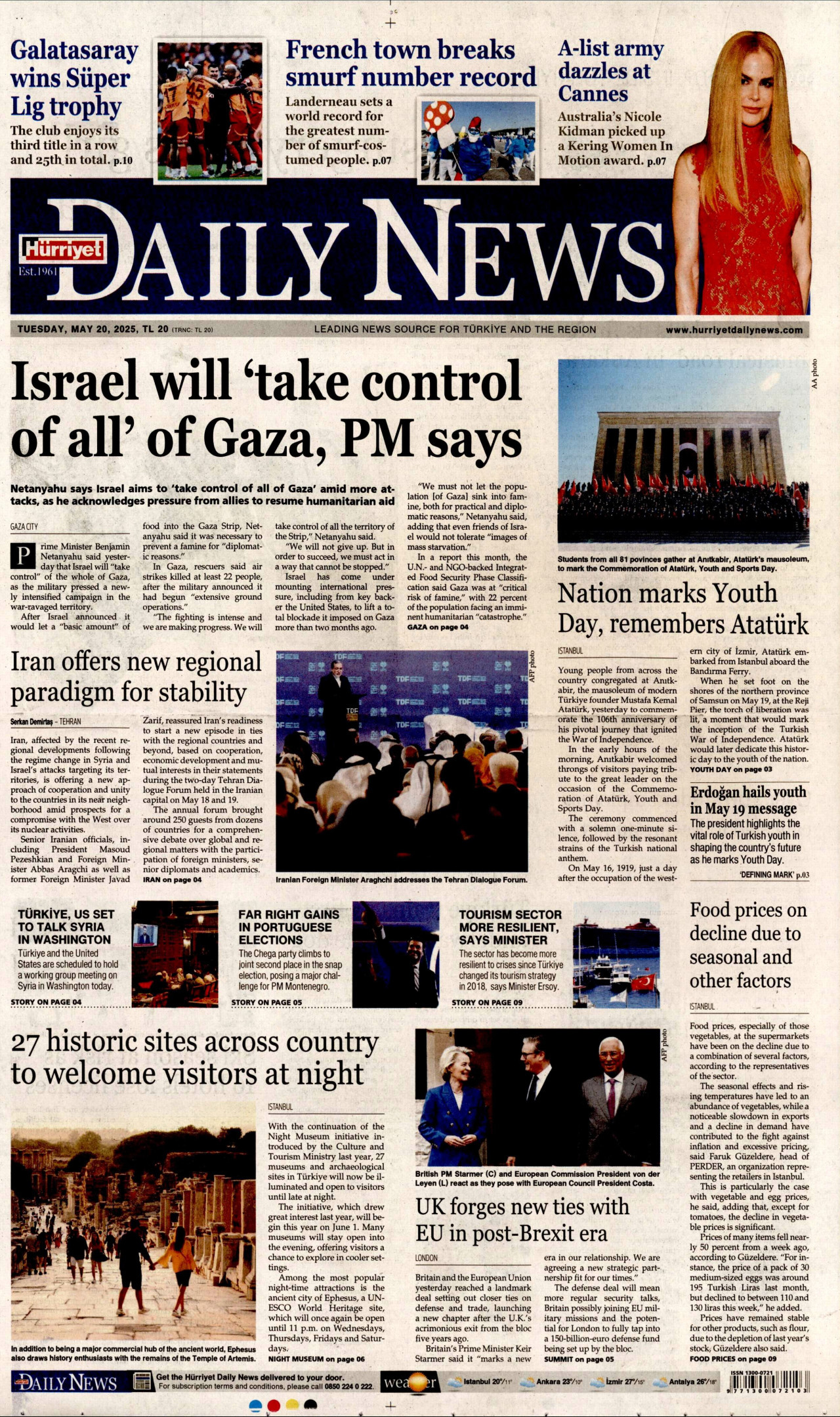 HÜRRİYET DAİLY NEWS gazetesinin 20 Mayıs 2025 tarihli birinci sayfası