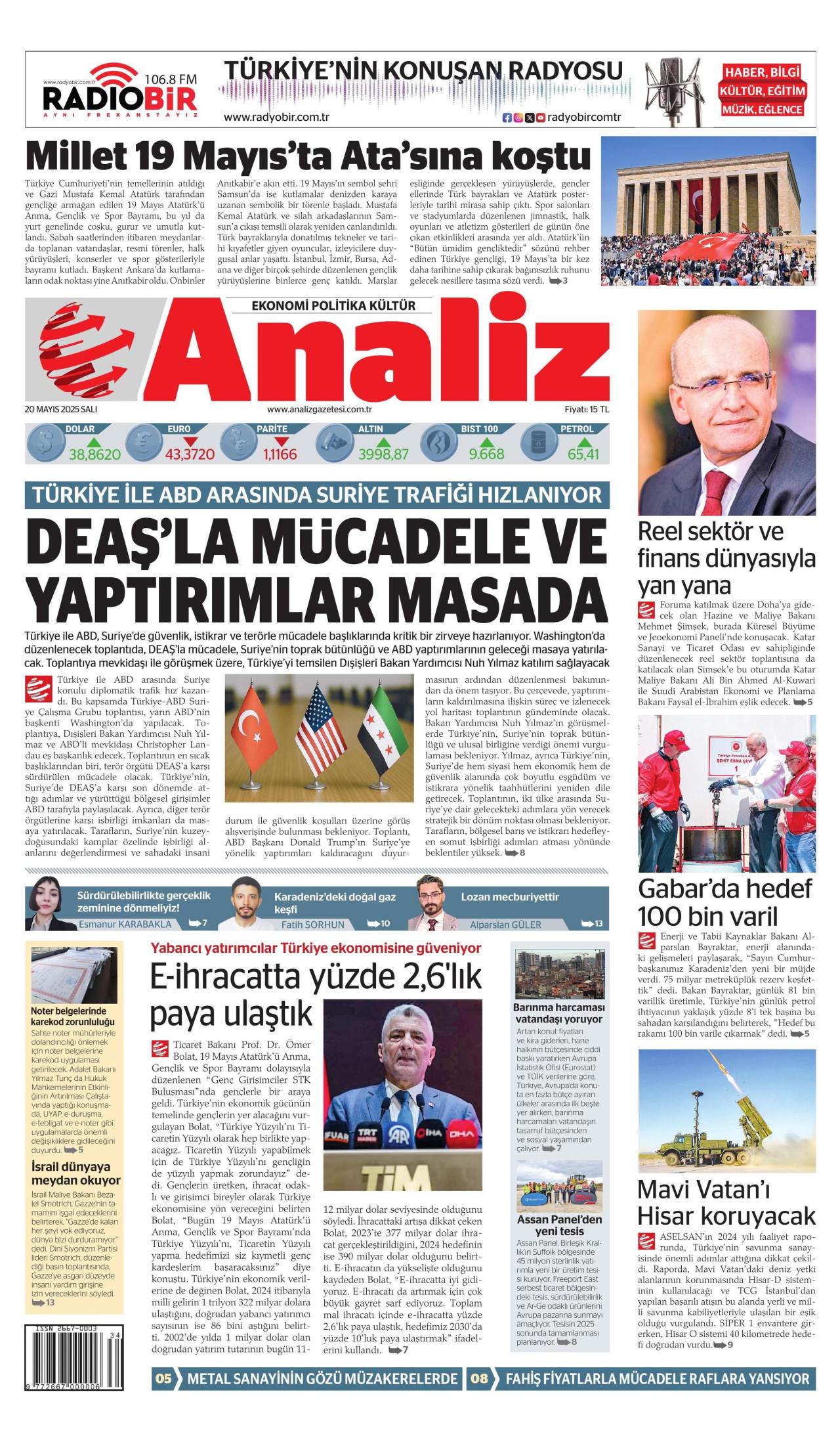 ANALİZ gazetesinin 20 Mayıs 2025 tarihli birinci sayfası