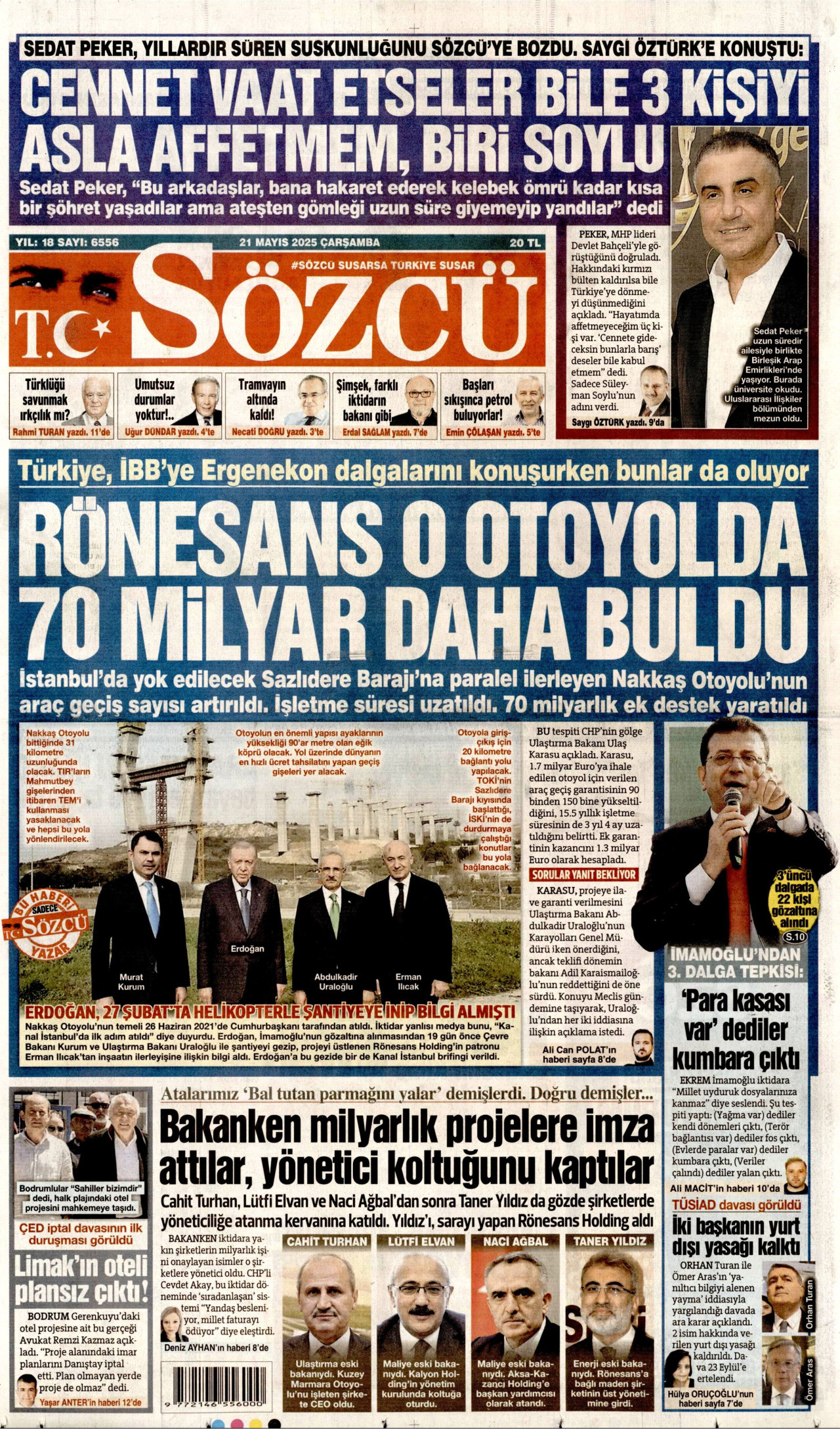 SÖZCÜ gazetesinin 21 Mayıs 2025 tarihli birinci sayfası