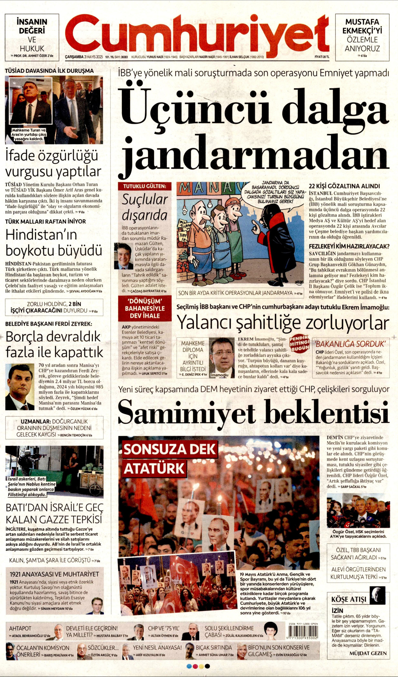 CUMHURİYET gazetesinin 21 Mayıs 2025 tarihli birinci sayfası