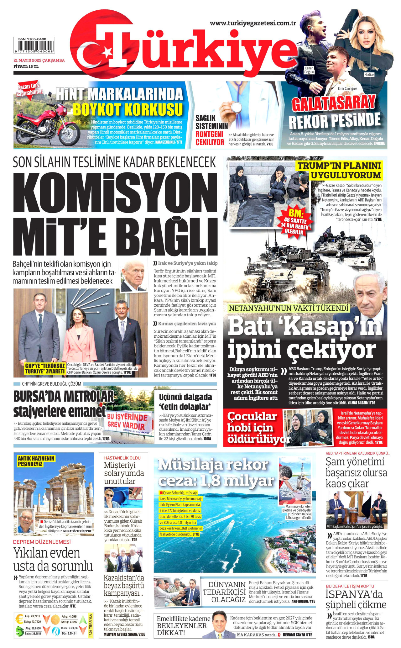 TÜRKİYE GAZETESİ gazetesinin 21 Mayıs 2025 tarihli birinci sayfası