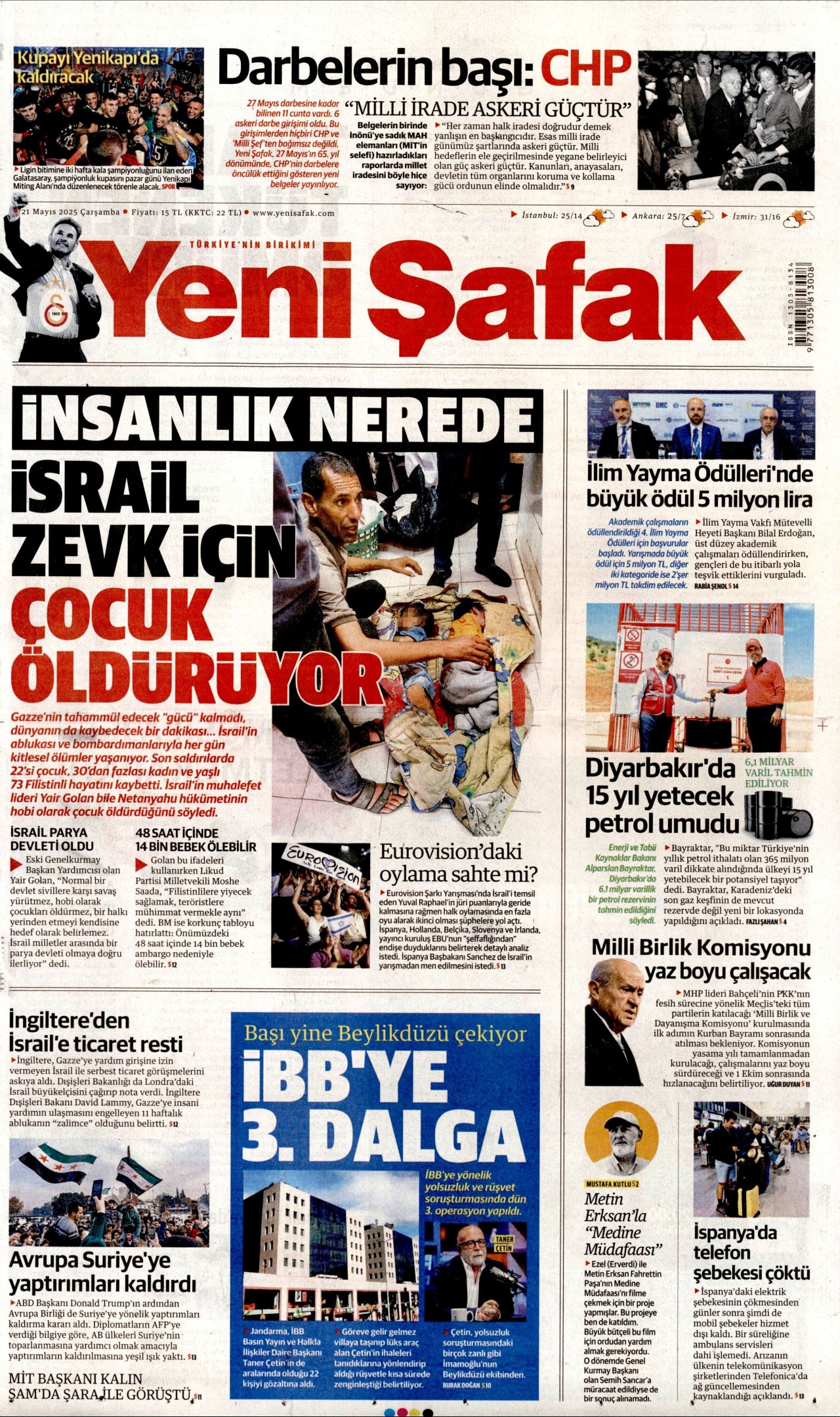 YENİ ŞAFAK gazetesinin 21 Mayıs 2025 tarihli birinci sayfası