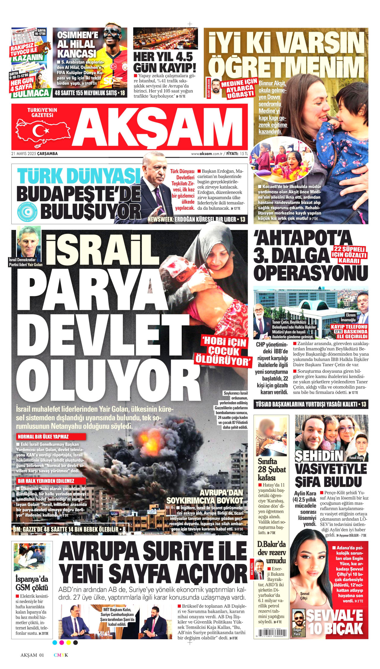 AKŞAM gazetesinin 21 Mayıs 2025 tarihli birinci sayfası